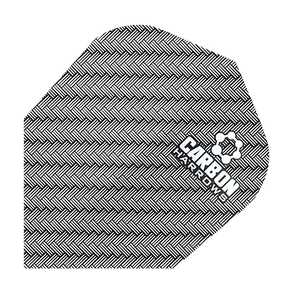 HR53_Harows_Carbon_No6_Flights_Weiss_1 Das Bild zeigt ein Harrows Carbon Flight HR53 für Dartpfeile. Das Flight hat ein schwarzes, gewebtes Karbonmuster und den weißen Aufdruck „CARBON HARROWS“.