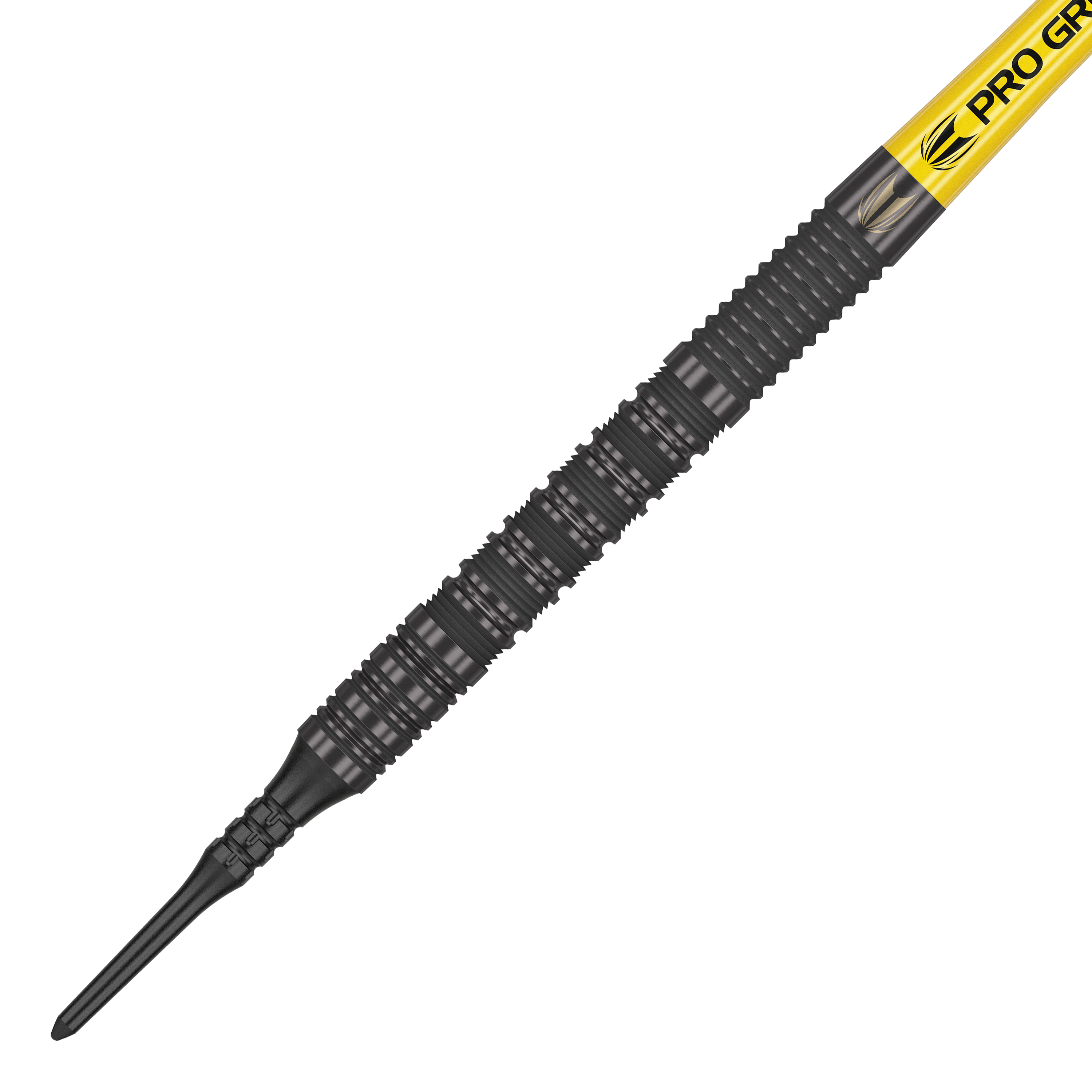 Target Bolide Void 10 fléchettes souples Das Bild zeigt einen Target Bolide Void 10 Softdart mit einer schwarzen, strukturierten Spitze. Am oberen Ende ist ein gelber Schaft mit der Aufschrift "Pro Grip" zu sehen.