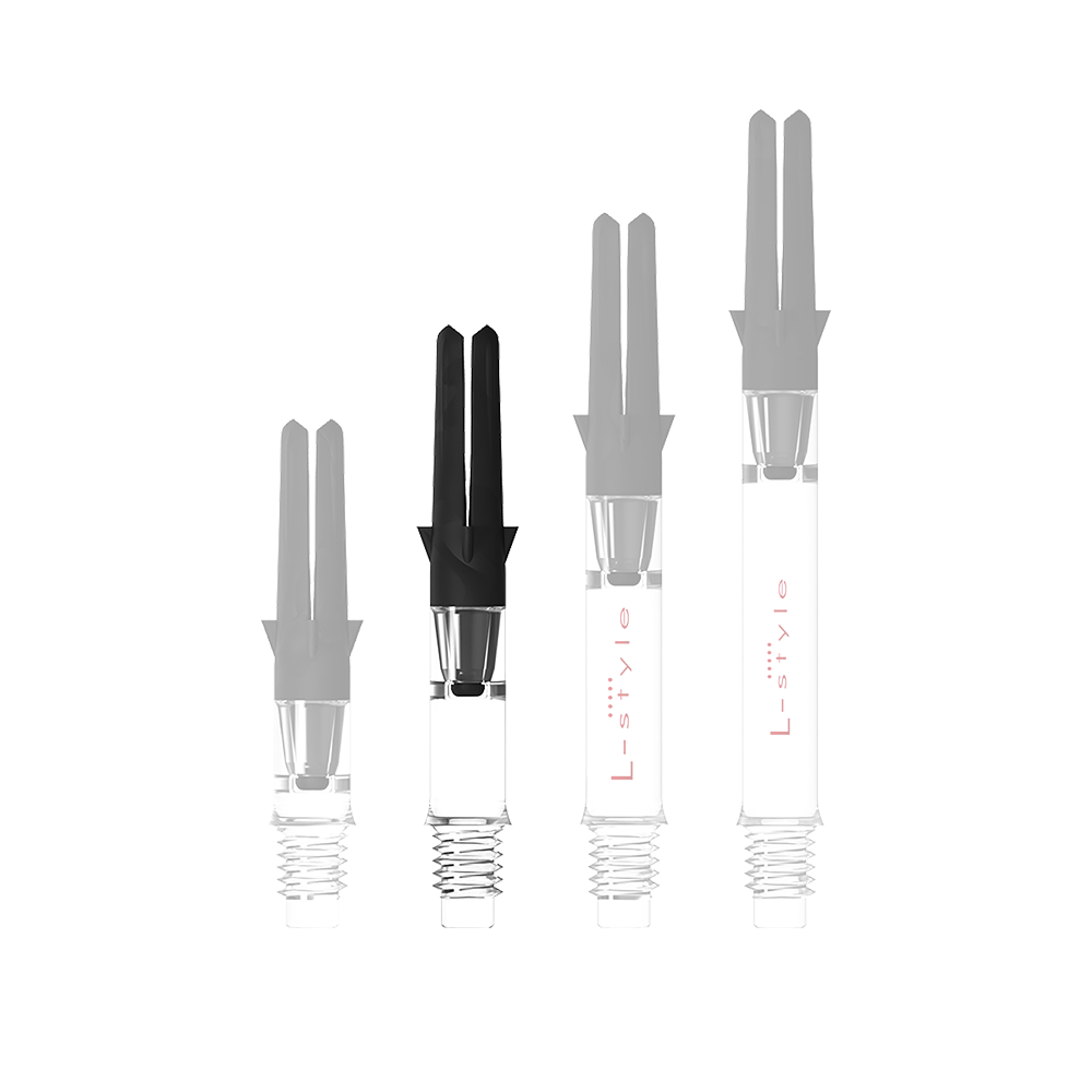 Tige de direction en L en carbone Silent Straight - Transparent Abbildung mit dem Namen L-Style L-Shaft Carbon Silent Straight Clear OhneKappen 32mm 1. Es handelt sich wahrscheinlich um einen Schaft für Dartpfeile.
