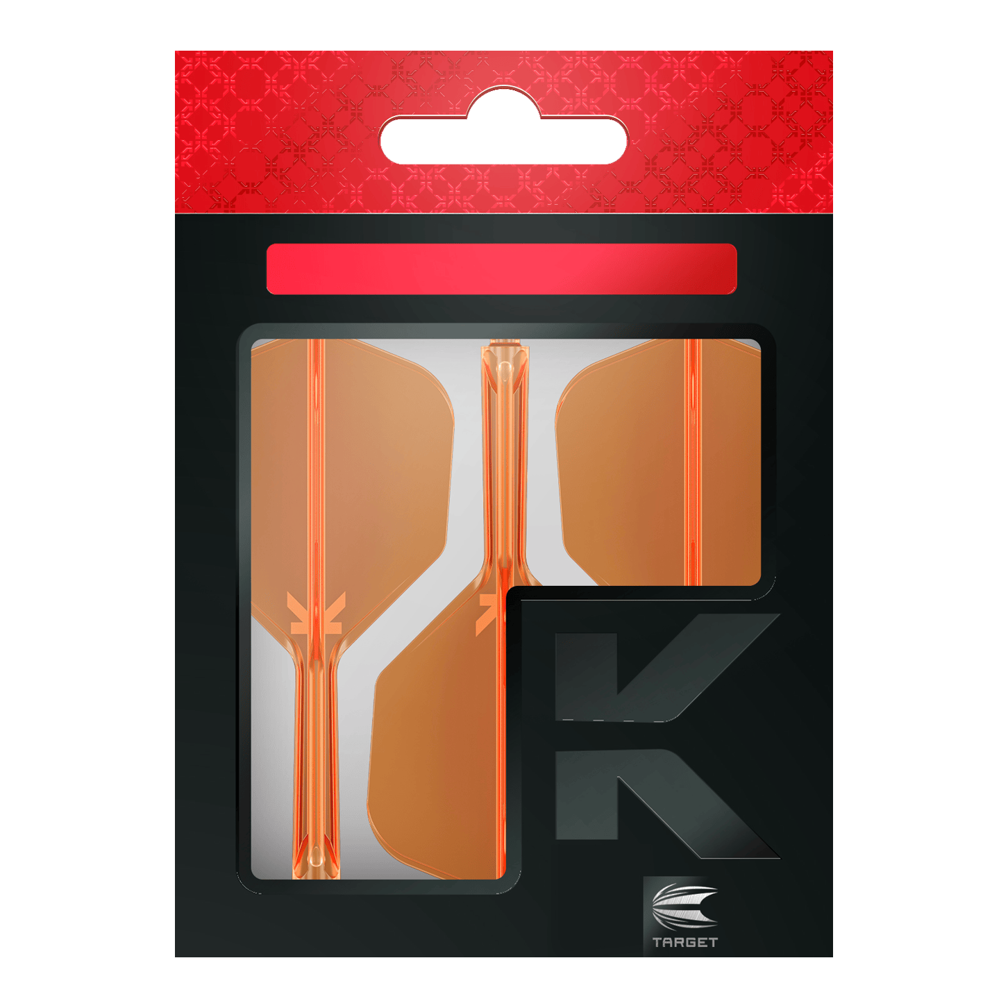 Système de vol Target K-Flex No6 - Orange fluo Die Verpackung zeigt drei neonorange Dart-Flights der Marke Target. Das Design ist modern mit einem schwarz-roten Hintergrund und einem großen "K" auf der Vorderseite.