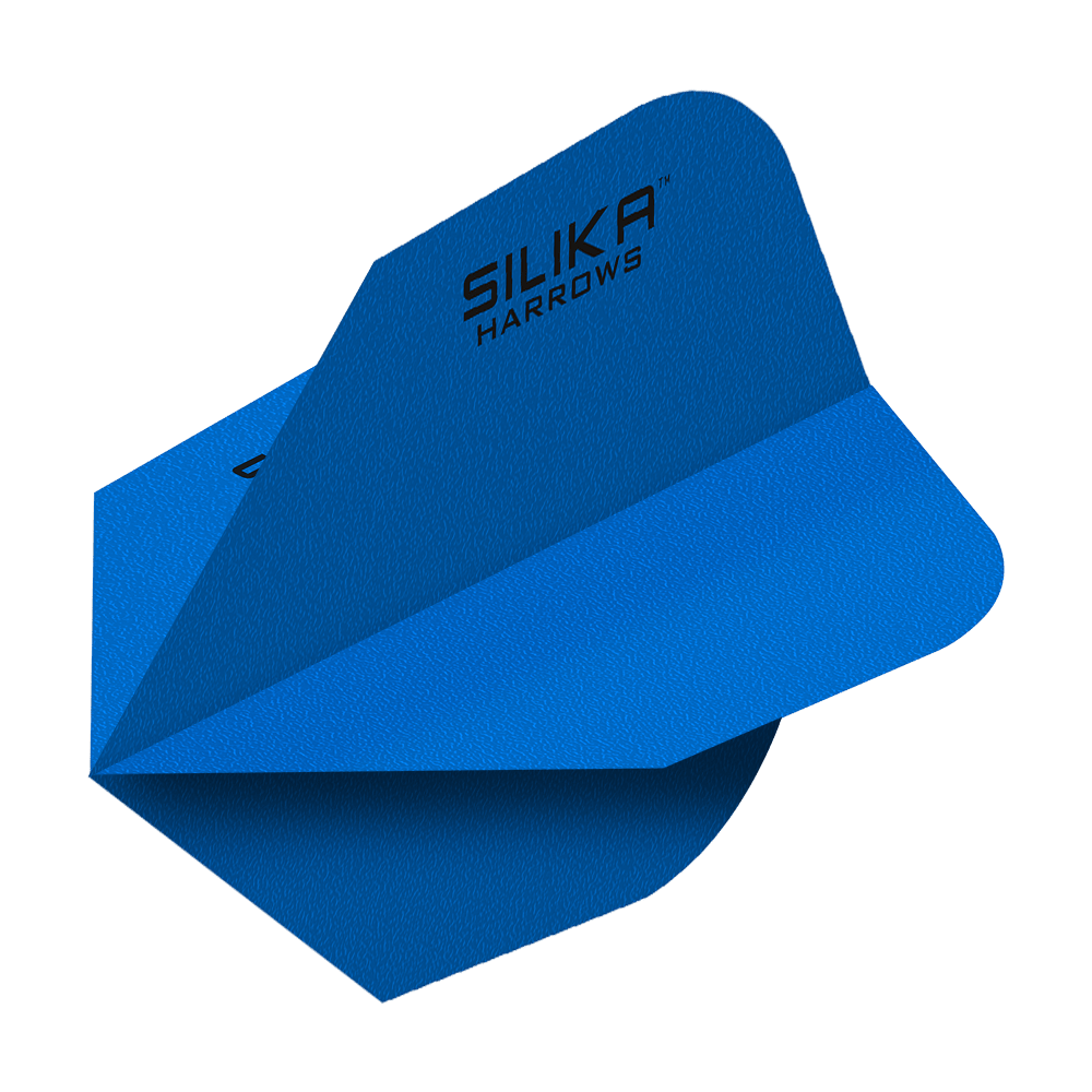 Revêtement cristallin solide et résistant en silice Harrows, bleu n° 6 Das Bild zeigt blaue Dartflights mit der Aufschrift "Silika Harrows". Die Flights haben eine feste, kristalline Beschichtung und sind in der Form No6 gestaltet.