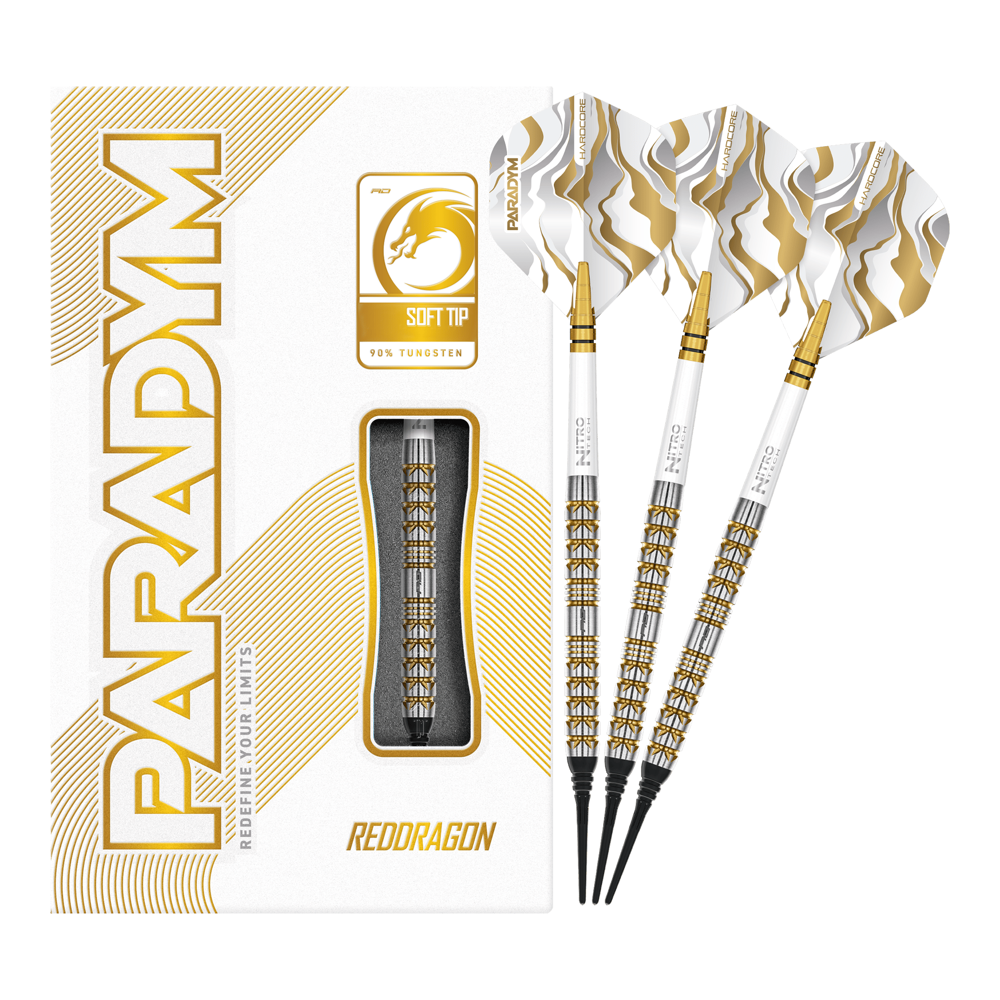 Fléchettes souples Red Dragon Paradym Gold Parallel - 20 g Das Bild zeigt die Red Dragon Paradym Gold Parallel Softdarts - 20g in voller Länge. Die goldfarbenen Darts wirken hochwertig und professionell.