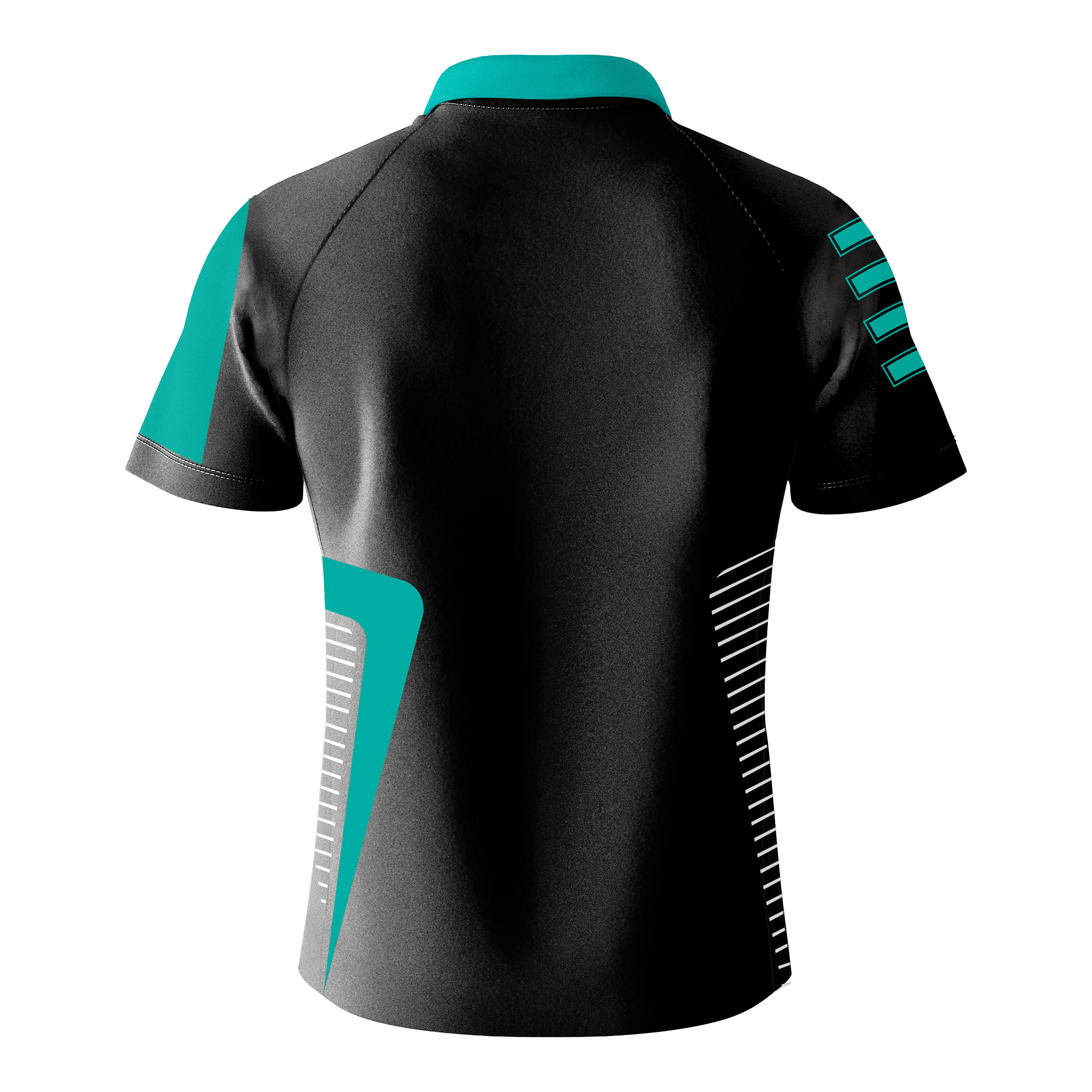 T-shirt Bulls Team Dart - Menthe Das Bild zeigt das "Bulls Team Dartshirt - Mint" von hinten. Das Shirt ist überwiegend schwarz mit mintfarbenen und weißen Akzenten.