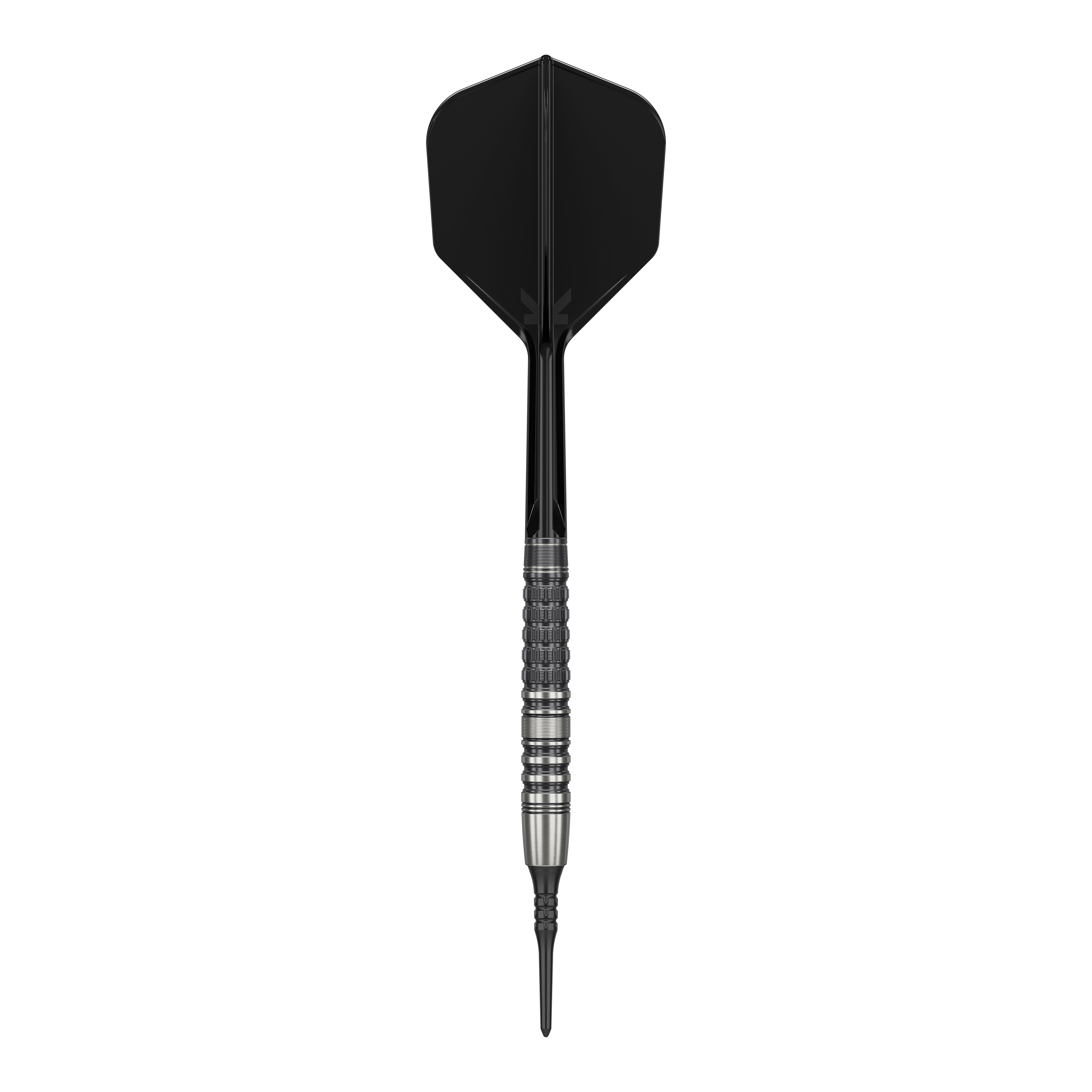 Fléchettes souples Target Japan Black Marque Lumiere GEN3 - 18,5 g Das Bild zeigt einen Softdart mit schwarzer Spitze, schwarzem Shaft und Flight sowie einem silbernen, strukturierten Barrel. Es handelt sich um den "Target Japan Black Marque Lumiere GEN3 Softdarts - 18,5g".