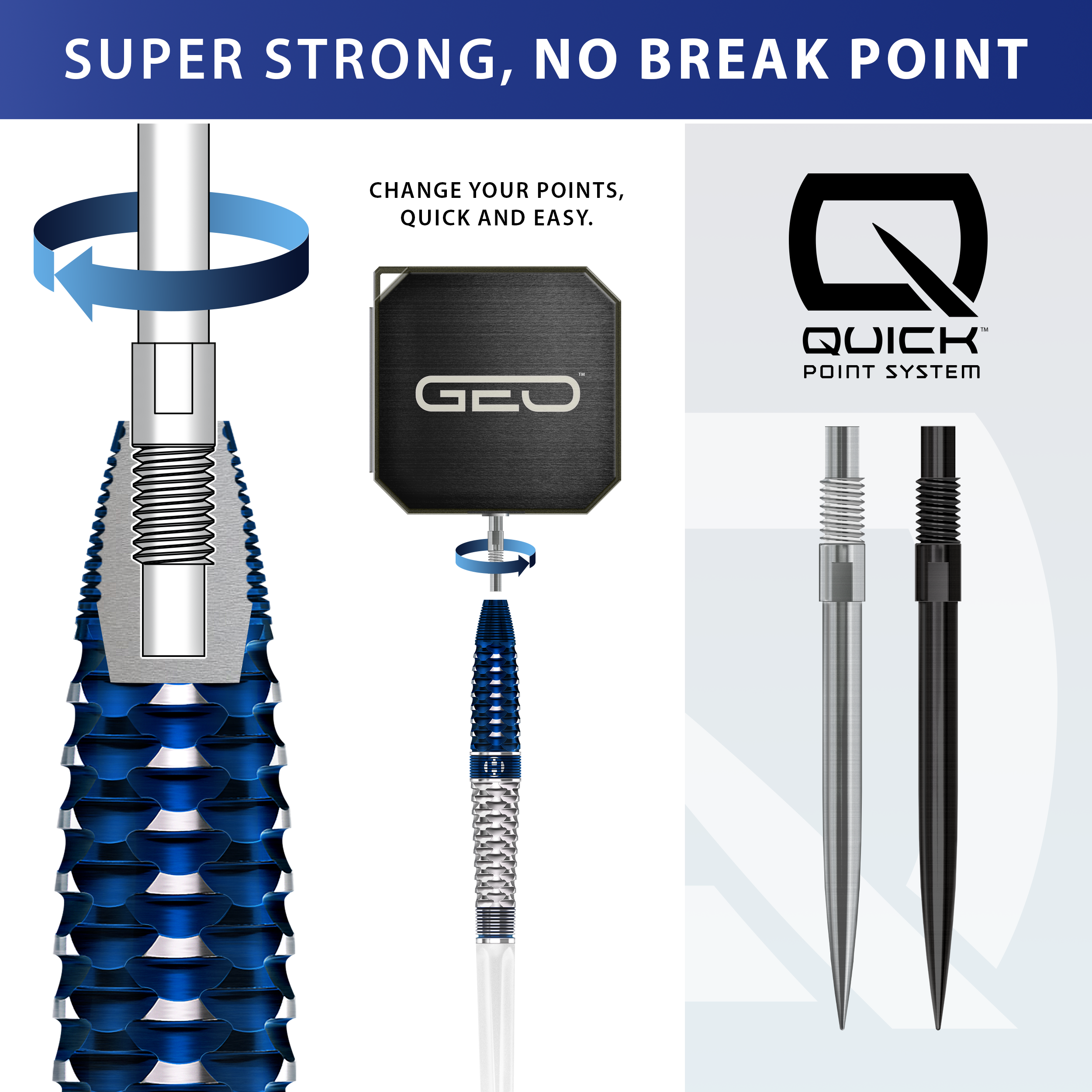 Fléchettes en acier Harrows GEO Torpedo Quick Point Das Bild zeigt Harrows GEO Torpedo Quick Point Steeldarts. Die silbernen Darts sind detailliert dargestellt.