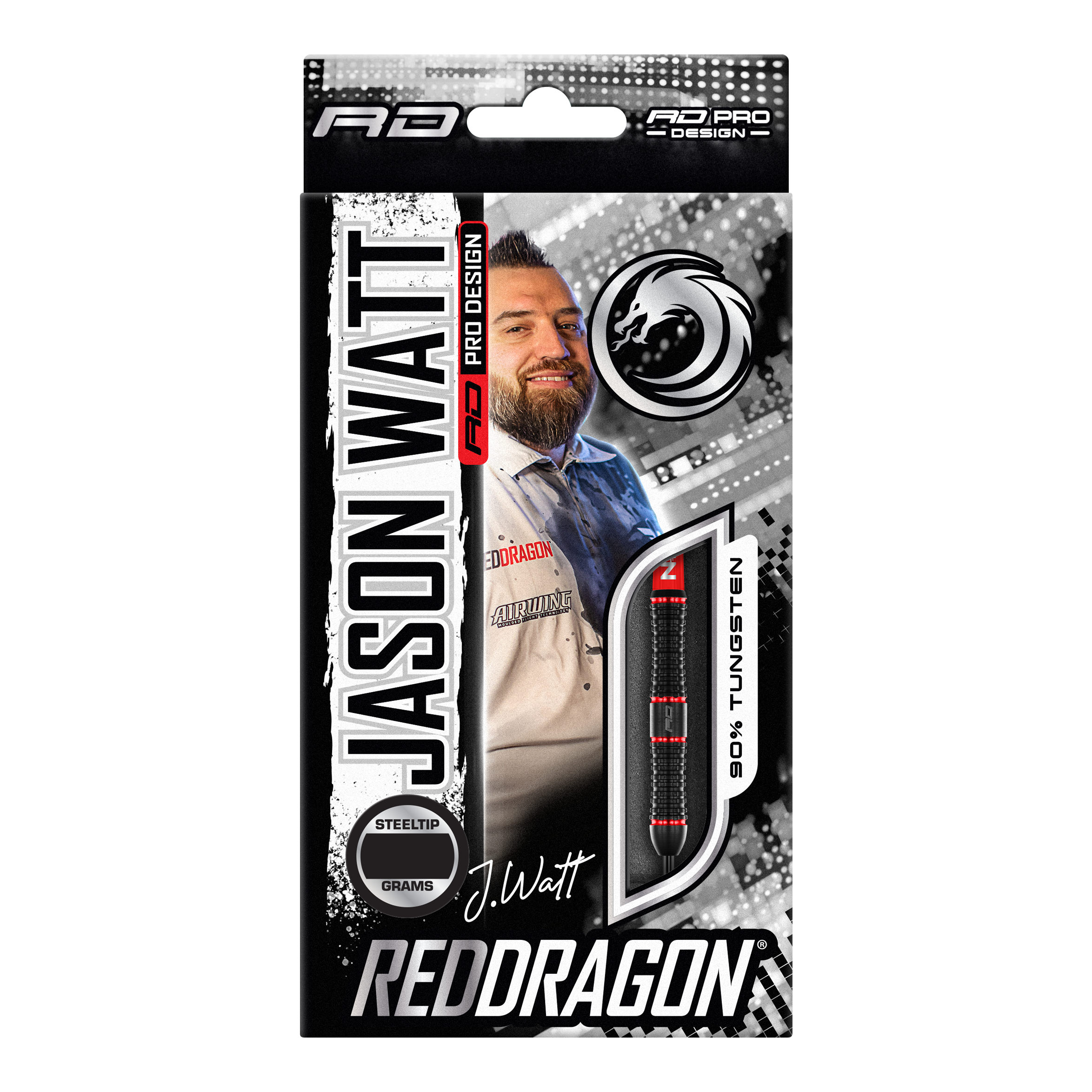 Fléchettes en acier Red Dragon Jason Watt - 22 g Die Abbildung zeigt die Verpackung der "Red Dragon Jason Watt Steeldarts - 22g". Auf der Vorderseite sind ein Bild von Jason Watt, der Dartpfeil und das Red Dragon-Logo zu sehen.