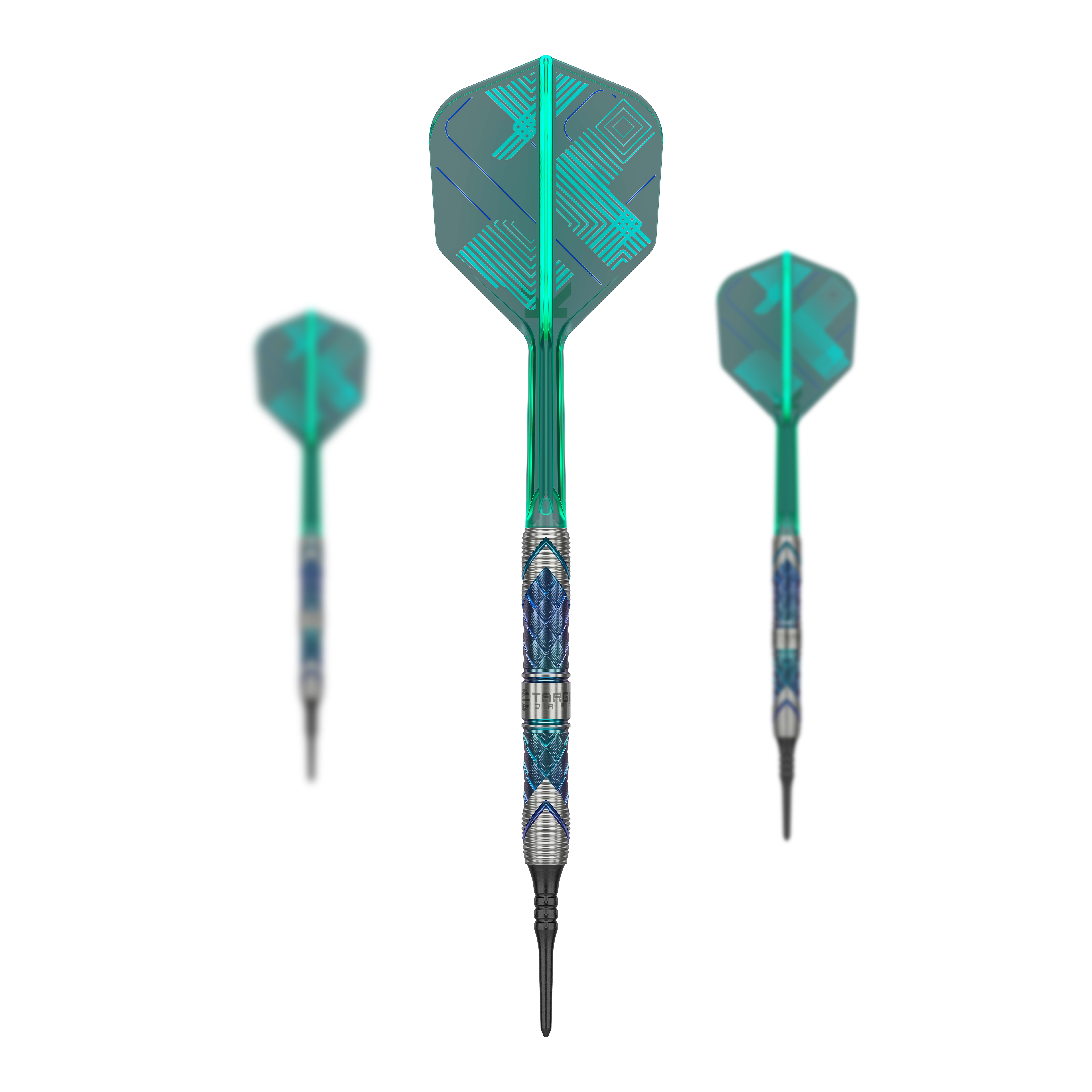 Fléchettes souples Target Japan Kaze Series Ceros 03 - 19 g Das Bild zeigt drei Softdarts aus der Target Japan Kaze Series Ceros 03, 19g. Die Darts haben auffällige grün-blaue Flights und einen silbernen, gemusterten Barrel.