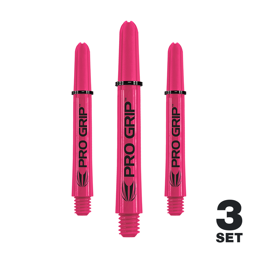 Tiges Target Pro Grip - 3 jeux - Rose Das Bild zeigt drei pinke Pro Grip Shafts für Darts. Unten rechts steht "3 Set" geschrieben.