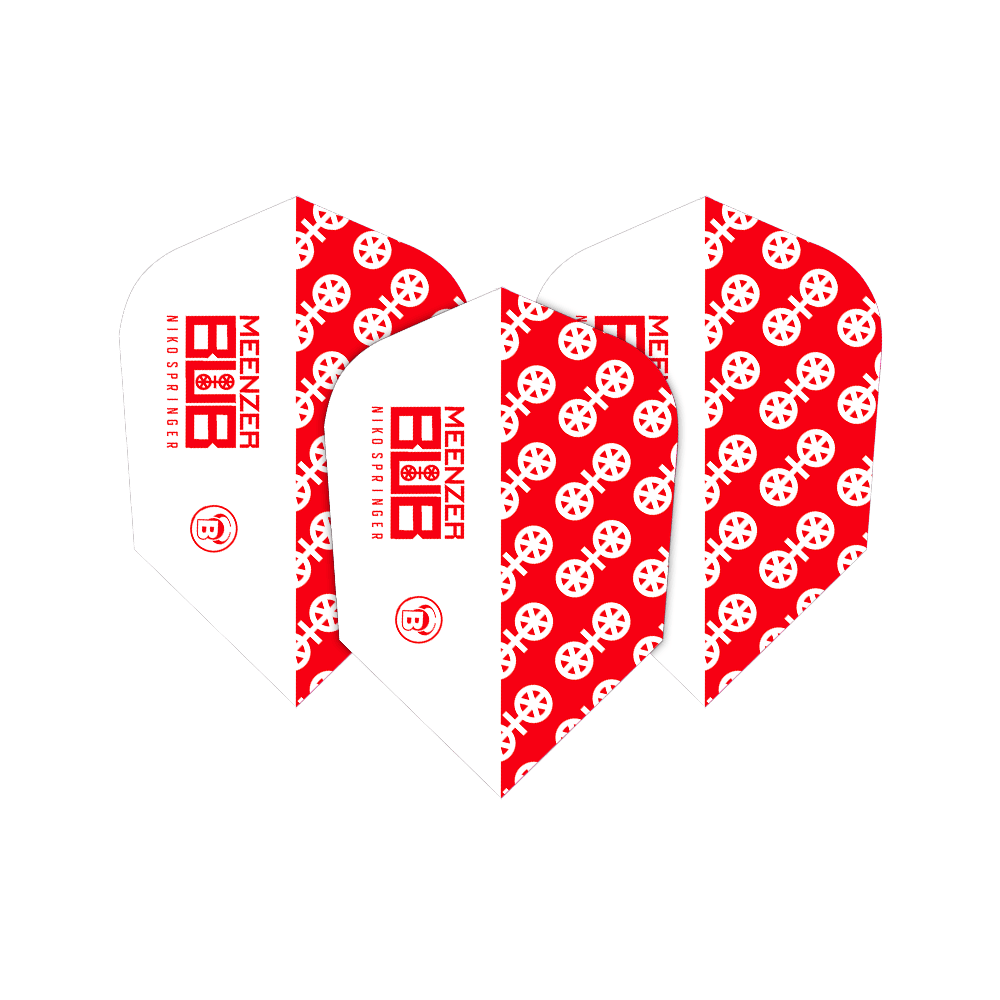 Das Bild zeigt drei Dart-Flights des Modells "Bulls X-Powerflite Niko Springer XXL B-Standard Flights". Die Flights sind rot-weiß gestaltet und mit einem auffälligen Muster sowie dem Schriftzug "MEENZER NIKO SPRINGER" bedruckt.