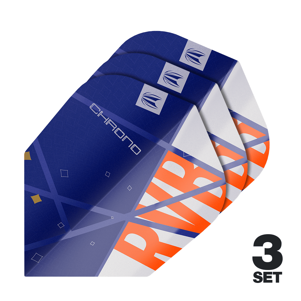Das Bild zeigt drei Sets der Target Pro Ultra Raymond Van Barneveld Chrono No6 Flights. Die Flights sind hauptsächlich blau mit weißen und orangefarbenen Akzenten gestaltet.