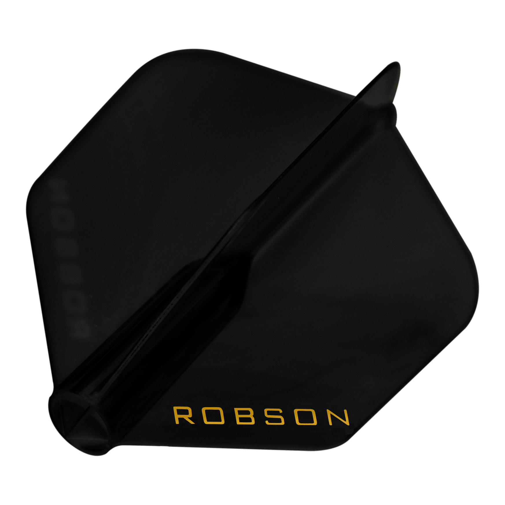 Vols Robson Plus - Standard Das Bild zeigt einen schwarzen Dart-Flügel mit der Aufschrift "ROBSON" in gelber Farbe. Der Flügel hat eine standardmäßige, fünfeckige Form.