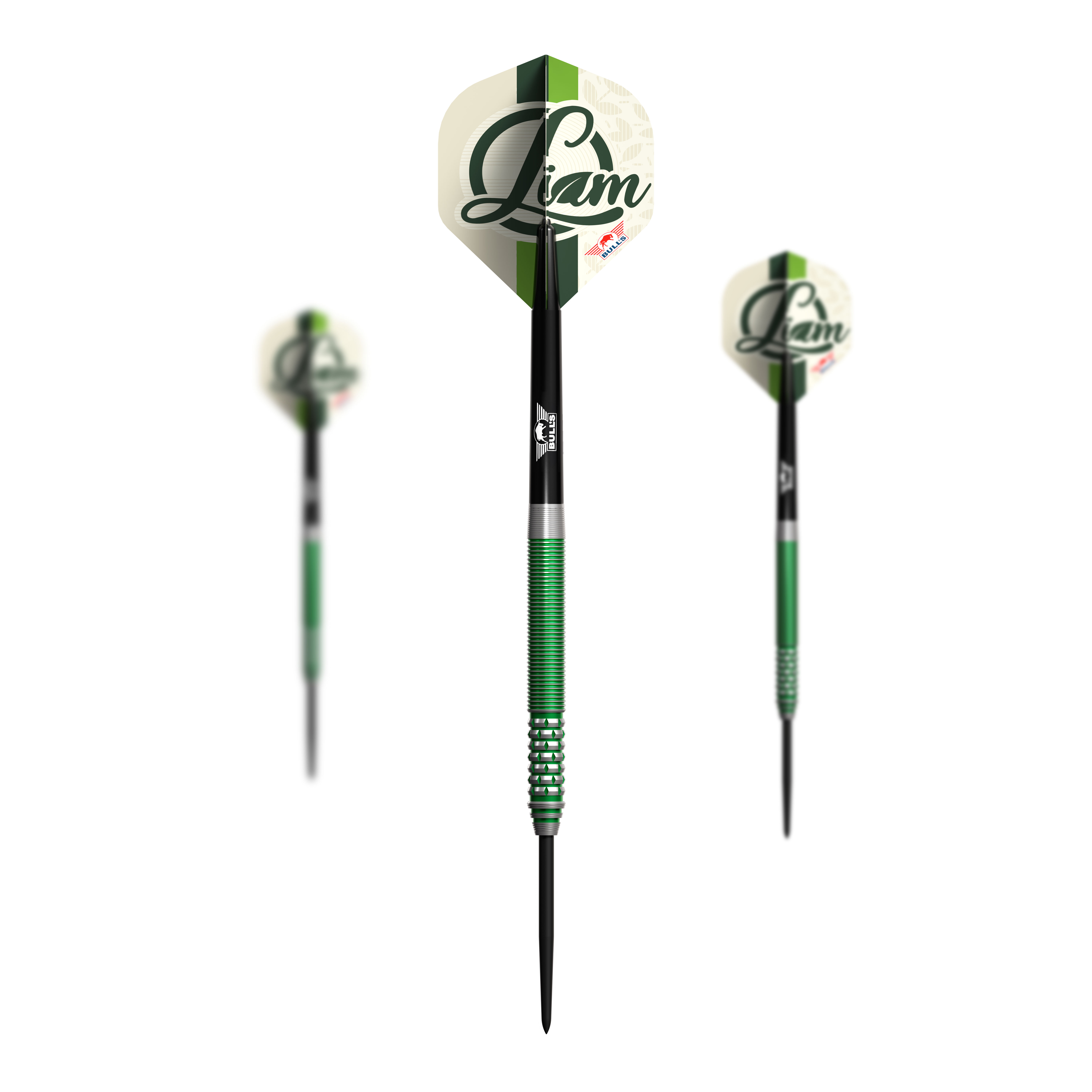 Fléchettes en acier Bulls NL Liam Maendl Lawrance - 23 g Das Bild zeigt drei Steeldarts des Modells "Bulls NL Liam Maendl Lawrance Steeldarts - 23g". Die Darts haben grüne Akzente und zeigen den Namen "Liam" auf den Flights.