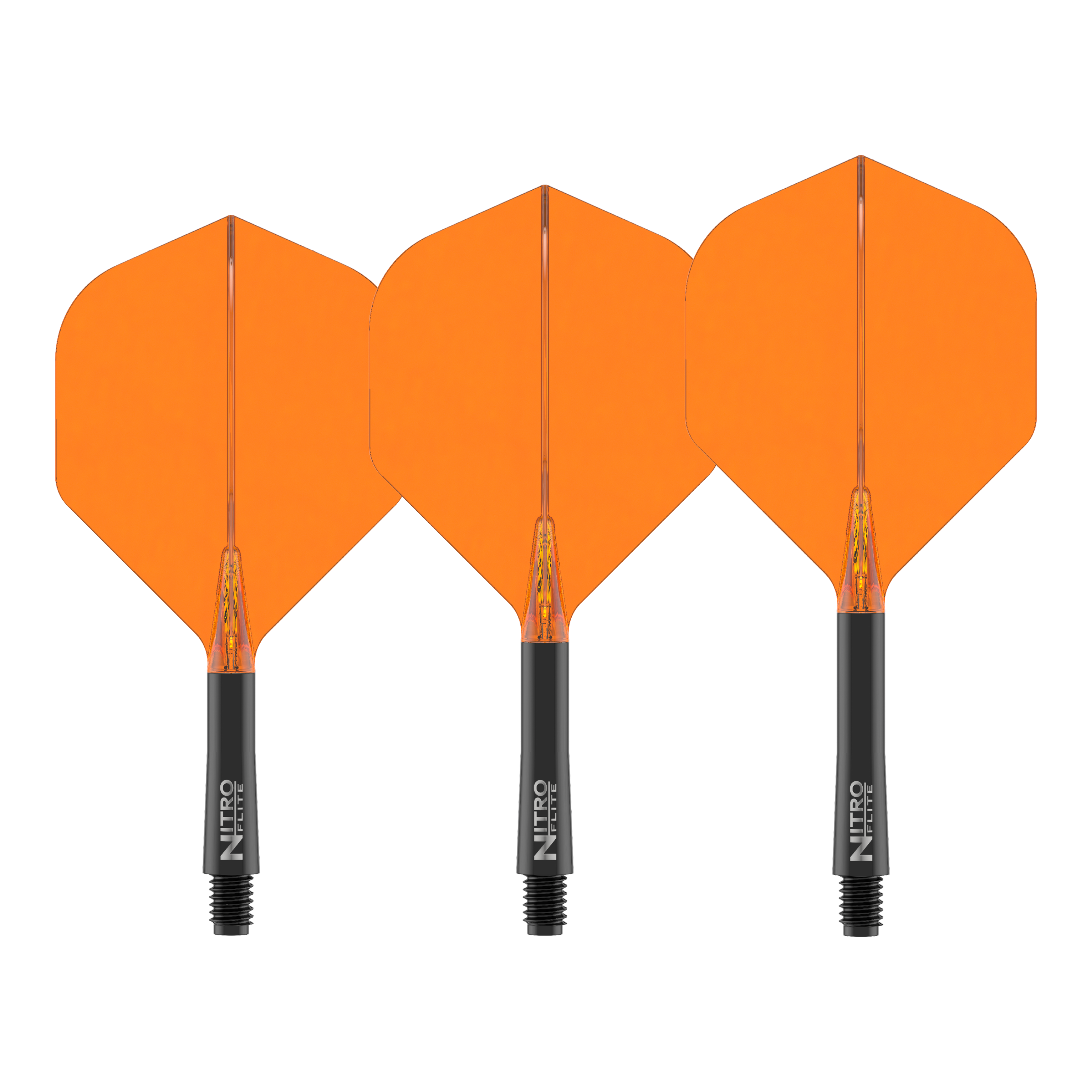 Red Dragon Nitroflite, tige noire, ailettes orange n° 2 Dies ist das Produkt Red Dragon Nitroflite Black Shaft Orange Flights No2. Es wird ein Dart-Schaft mit orangefarbenen Flights gezeigt.