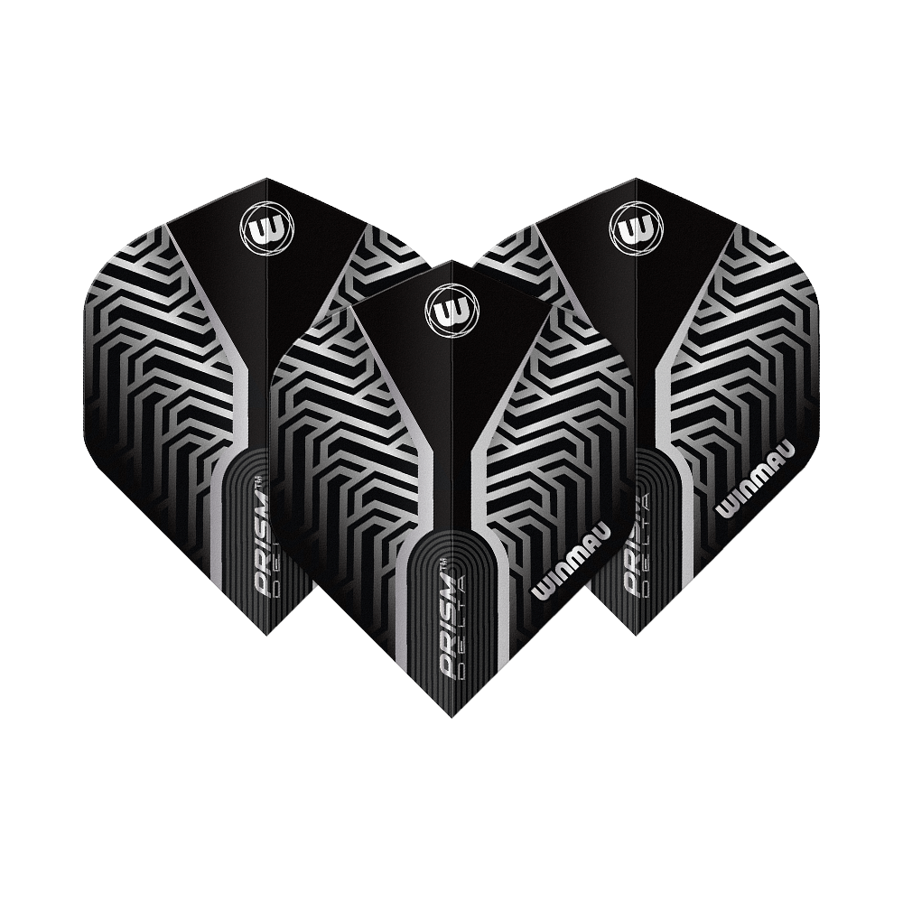 Vols standard Winmau Prism Delta Silver No2 Dieses Bild zeigt Winmau Prism Delta Silver No2 Standard Flights. Silberne und schwarze Dart-Flights sind dargestellt.