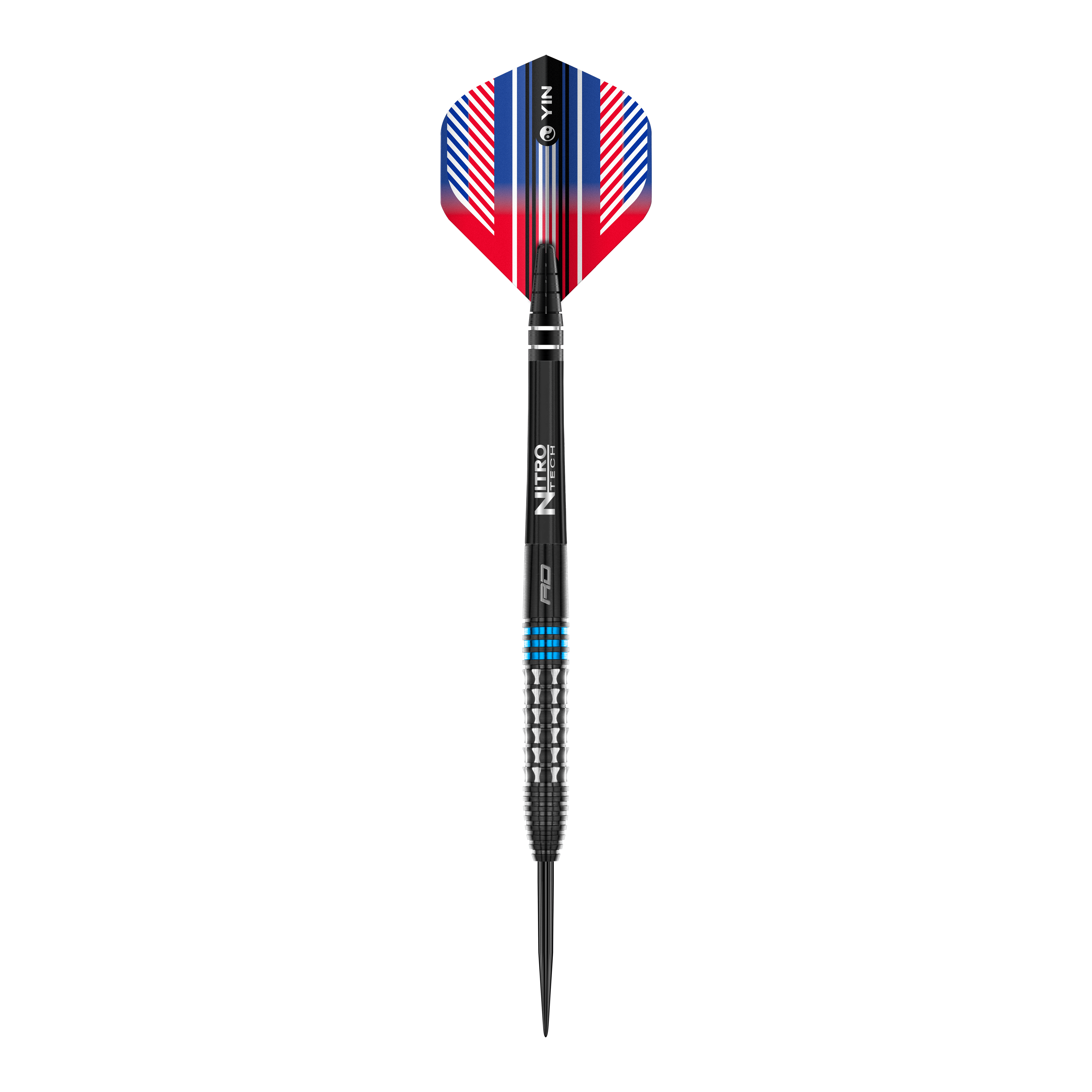Fléchettes en acier bleu Red Dragon Vengeance Das Bild zeigt einen Red Dragon Vengeance Blue Steeldart. Der Dart hat blaue und silberne Akzente sowie einen farbigen Flight in Rot, Blau und Weiß.