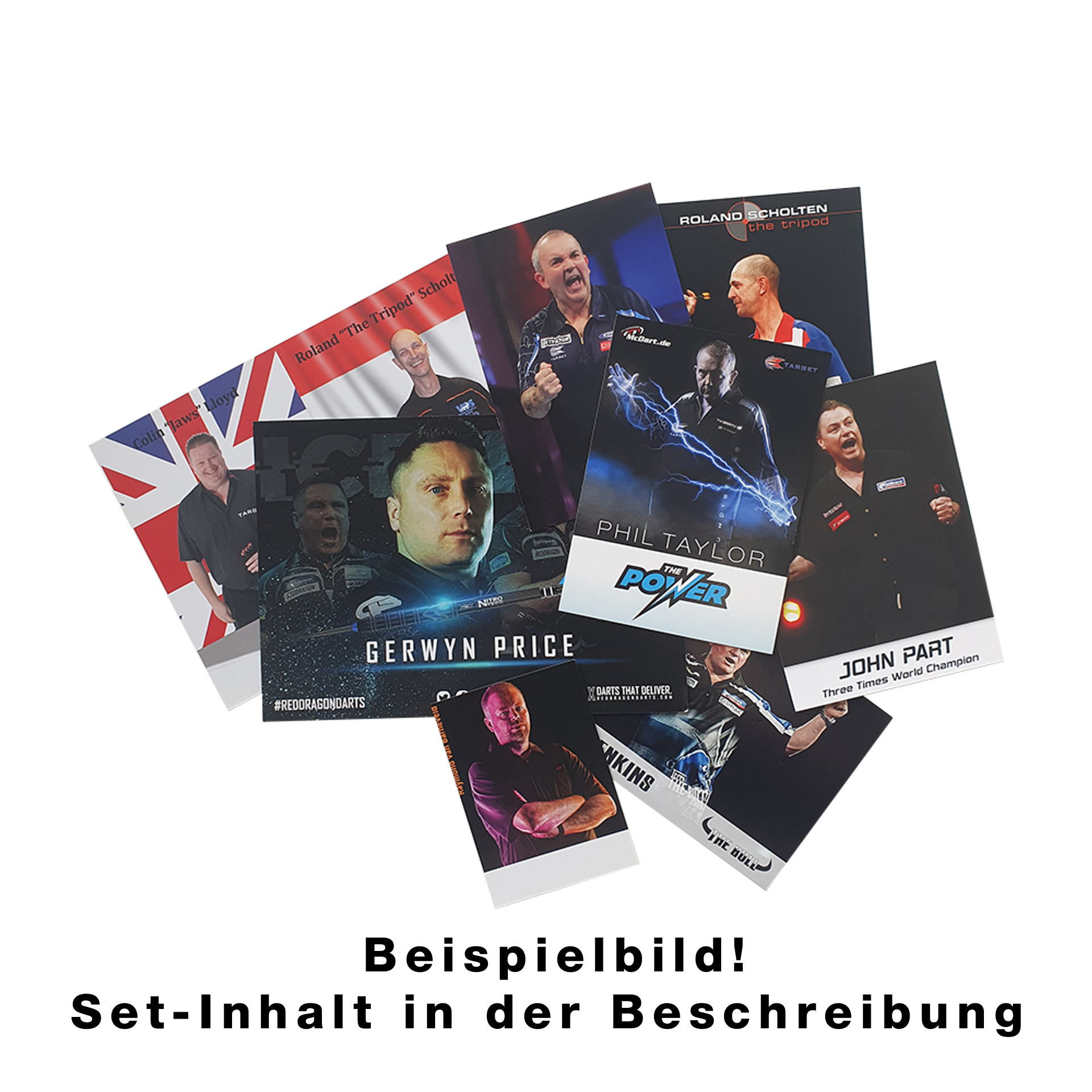 Ensemble de cartes de joueur avec autographe Das Bild zeigt ein Set von Spielerkarten mit bekannten Dartspielern. Auf den Karten sind Fotos und Namen der Spieler abgebildet.