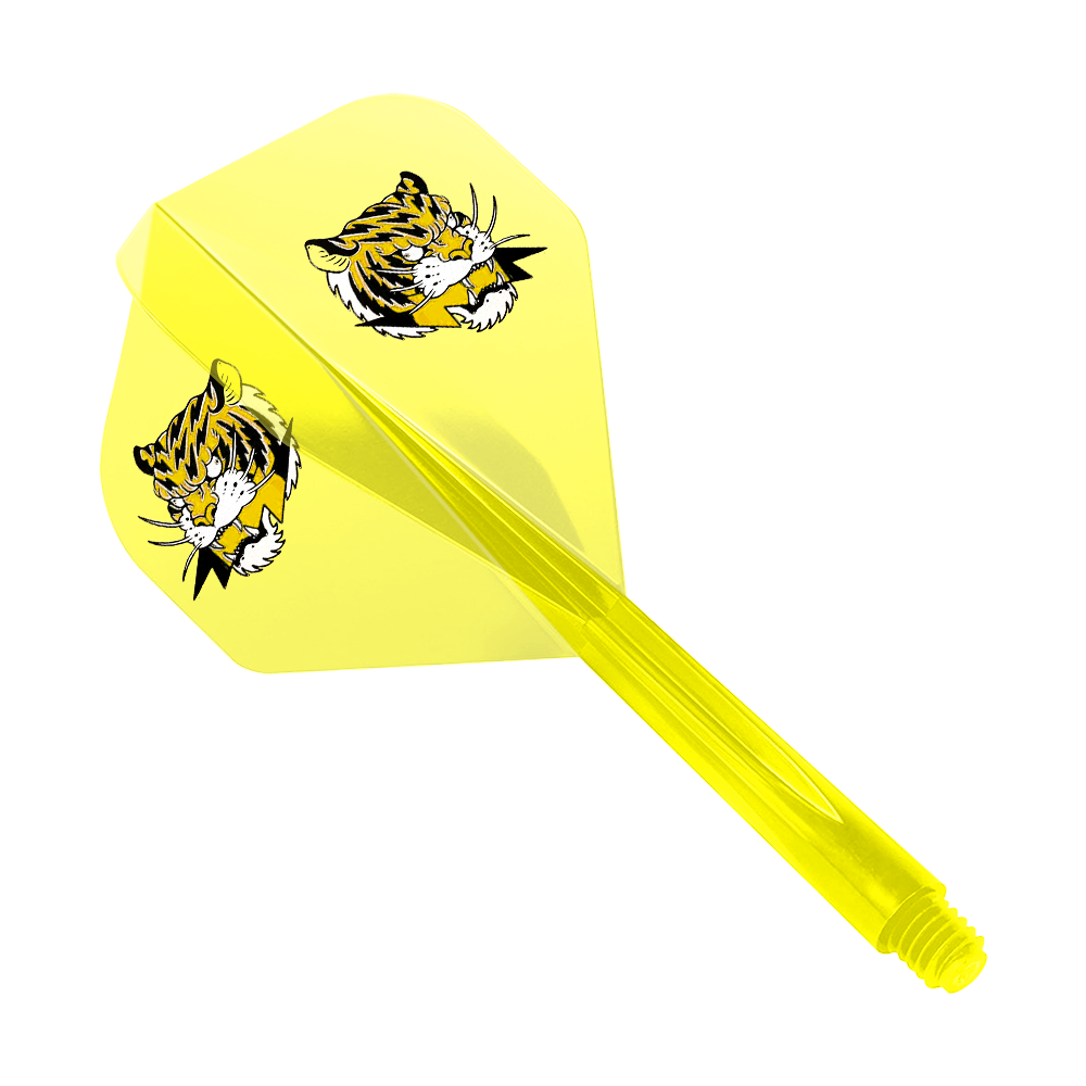 Condor AX Inazuma Tiger Mix Flight System Jaune Clair - Standard Das Bild zeigt einen gelben Dart-Flight mit zwei Tigerköpfen als Motiv. Das Produkt ist das "Condor AXE Inazuma Tiger Mix Flight-System Yellow Clear - Standard".