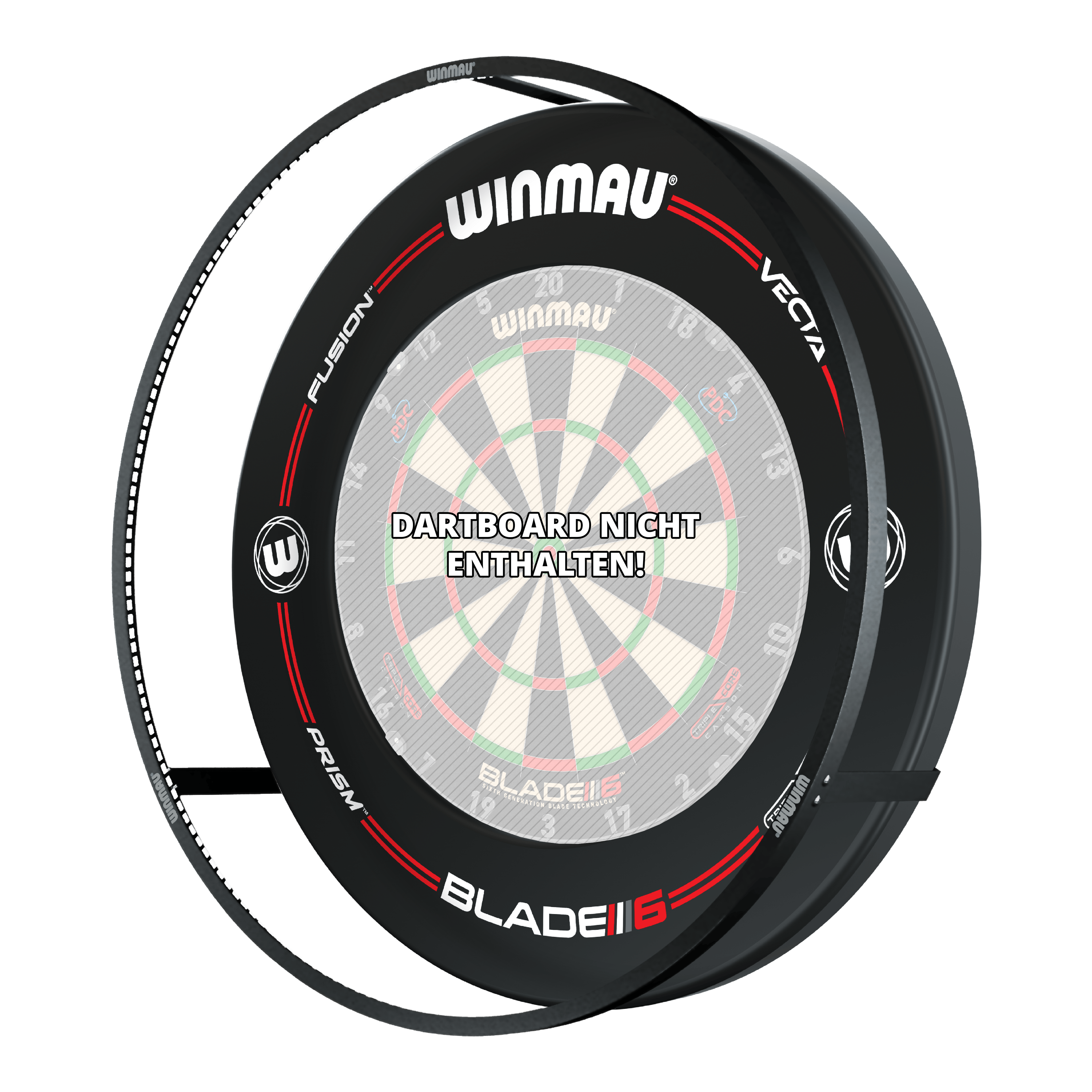 ENSEMBLE Winmau Plasma LED éclairage et surround Das Bild zeigt das Winmau Plasma LED Beleuchtung und Surround Bundle für Dartboards. In der Mitte steht der Hinweis "Dartboard nicht enthalten!".