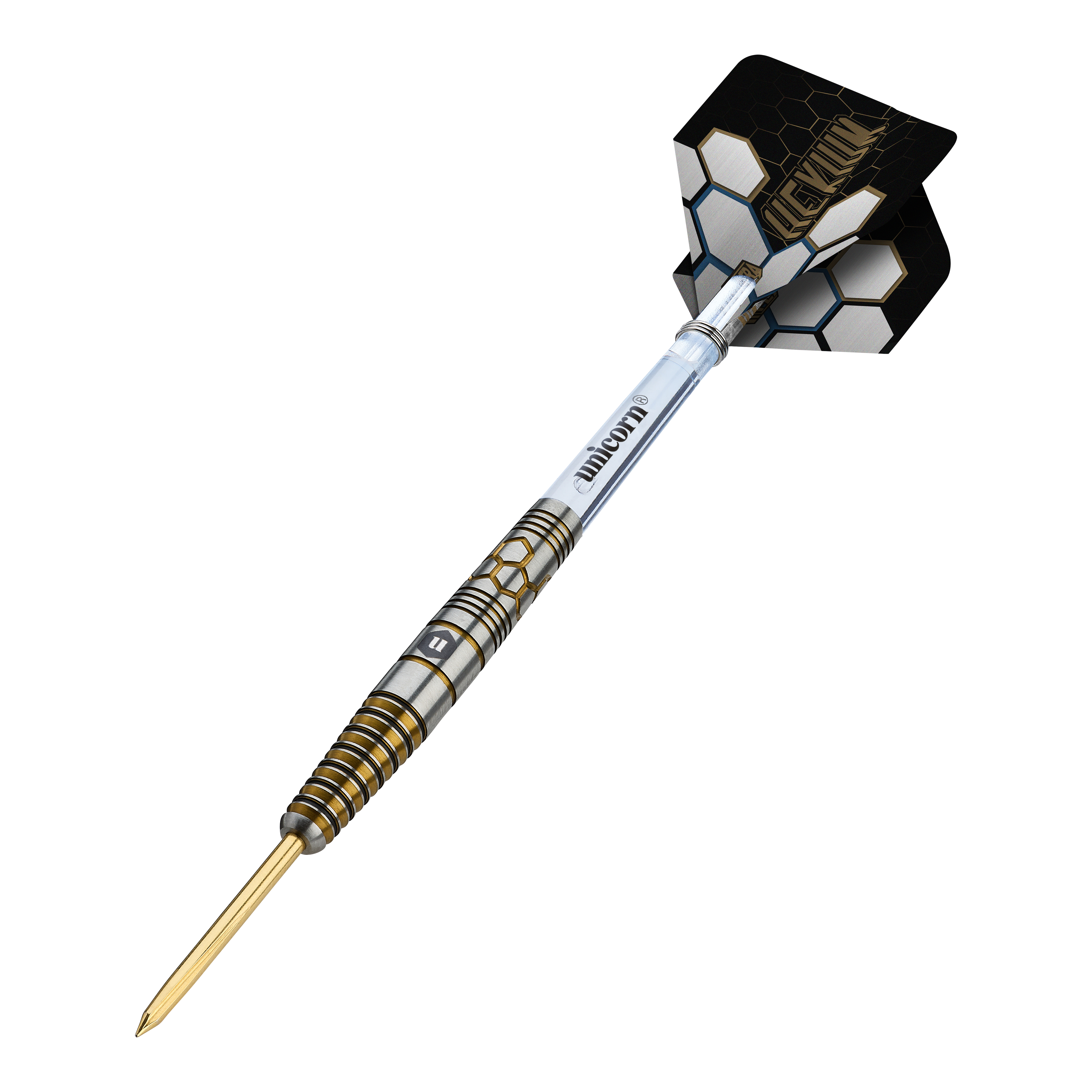 Fléchettes en acier Unicorn Hexium Style 03 or et noir Unicorn Hexium Style 03 Gold & Black Steeldarts sind auf diesem Bild zu sehen. Das Design kombiniert schwarze und goldene Elemente auf den Steeldarts.