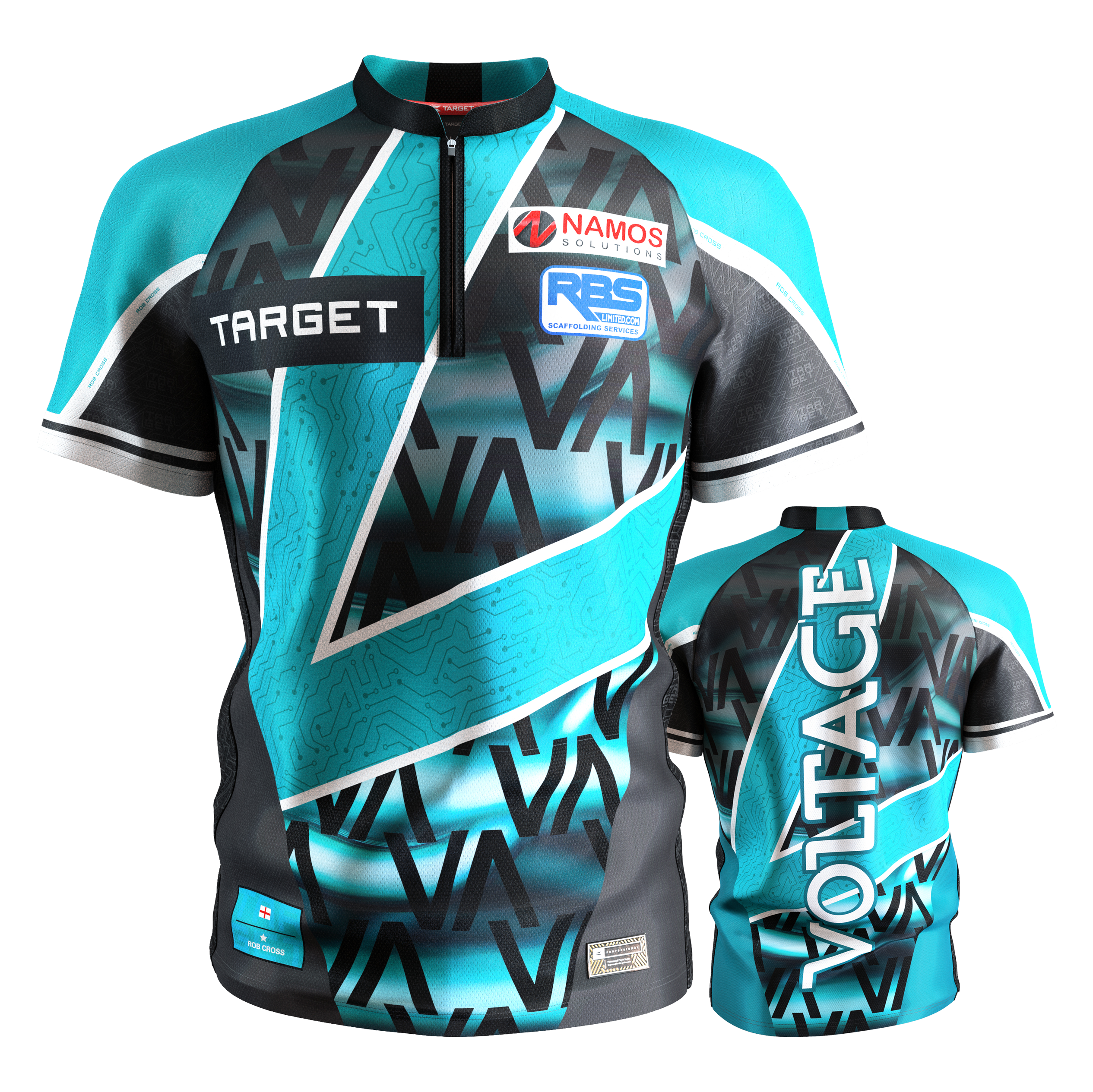 T-shirt de fléchettes Target Coolplay Rob Cross 2025 Das Bild zeigt das "Target Coolplay Rob Cross 2025 Dartshirt" in den Farben Türkis, Schwarz und Weiß mit modernen Mustern. Auf der Vorderseite sind Sponsorenlogos und auf der Rückseite steht groß das Wort "VOLTAGE".