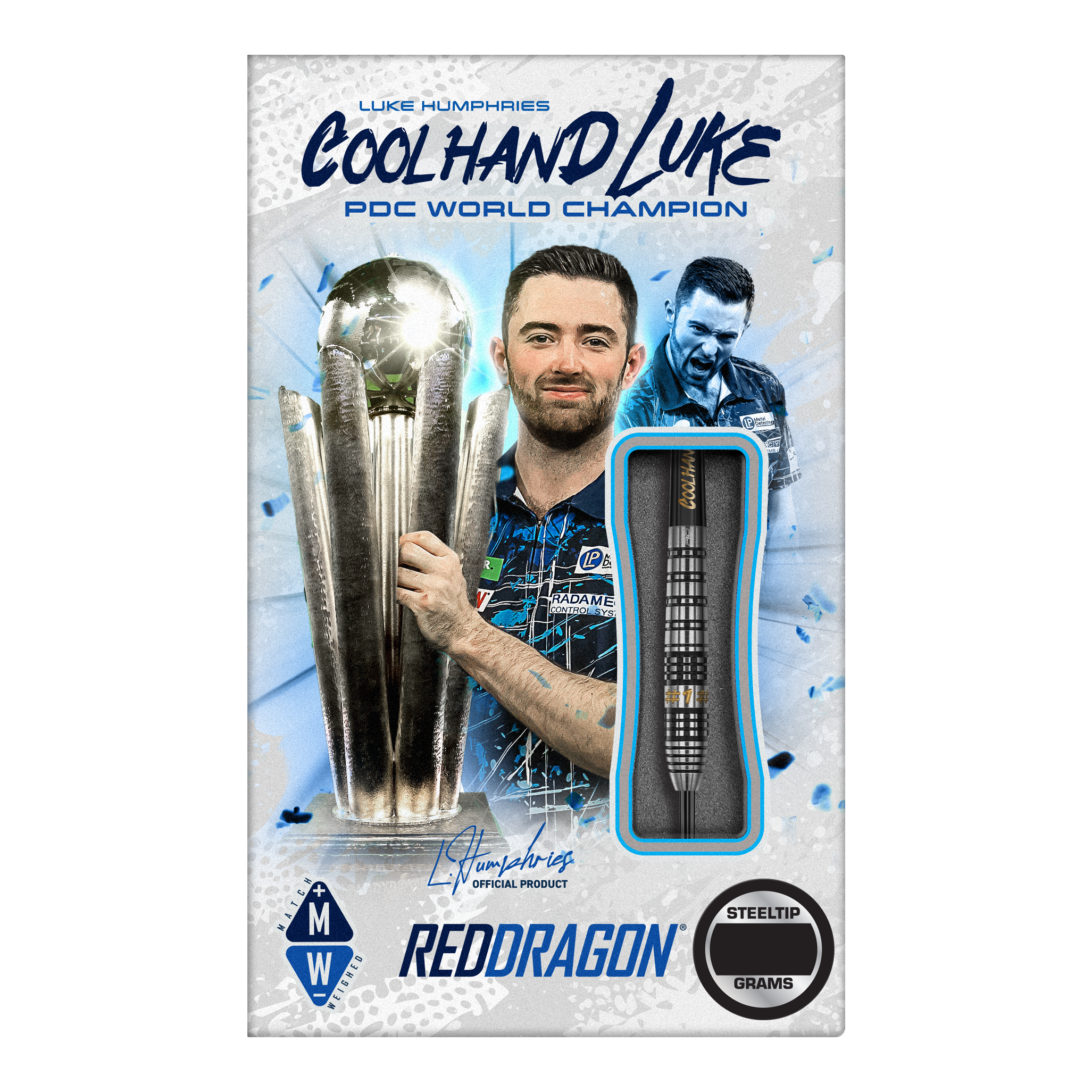 Fléchettes en acier Red Dragon Luke Humphries Prestige Das Bild zeigt das Produkt "Red Dragon Luke Humphries Prestige Steeldarts". Auf der Verpackung ist Luke Humphries mit einem Pokal und einem Steeldart abgebildet.