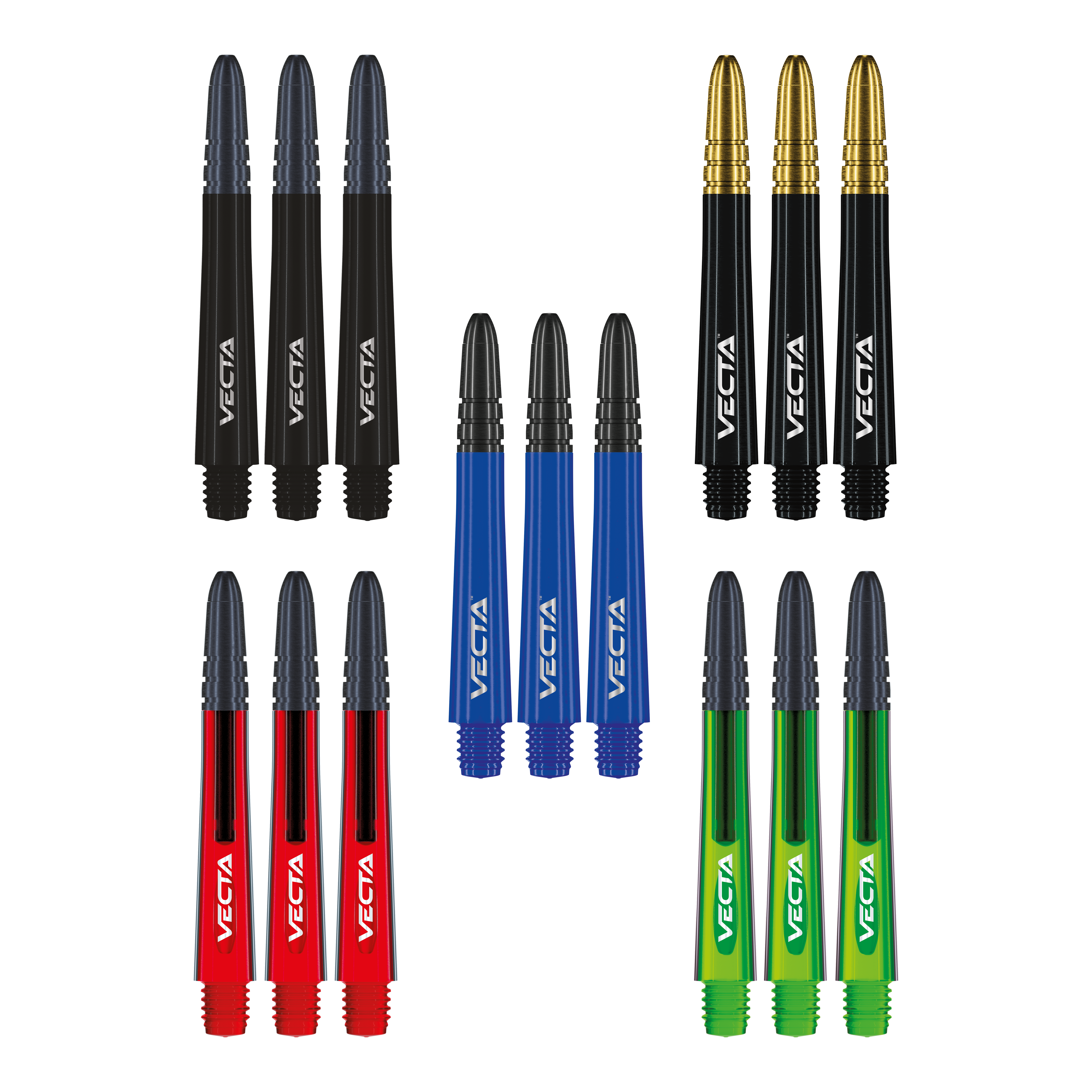 Collection de manches Winmau Vecta Das Foto zeigt die Winmau Vecta Shaft Collection. Die Sammlung umfasst verschiedene Dartschäfte.