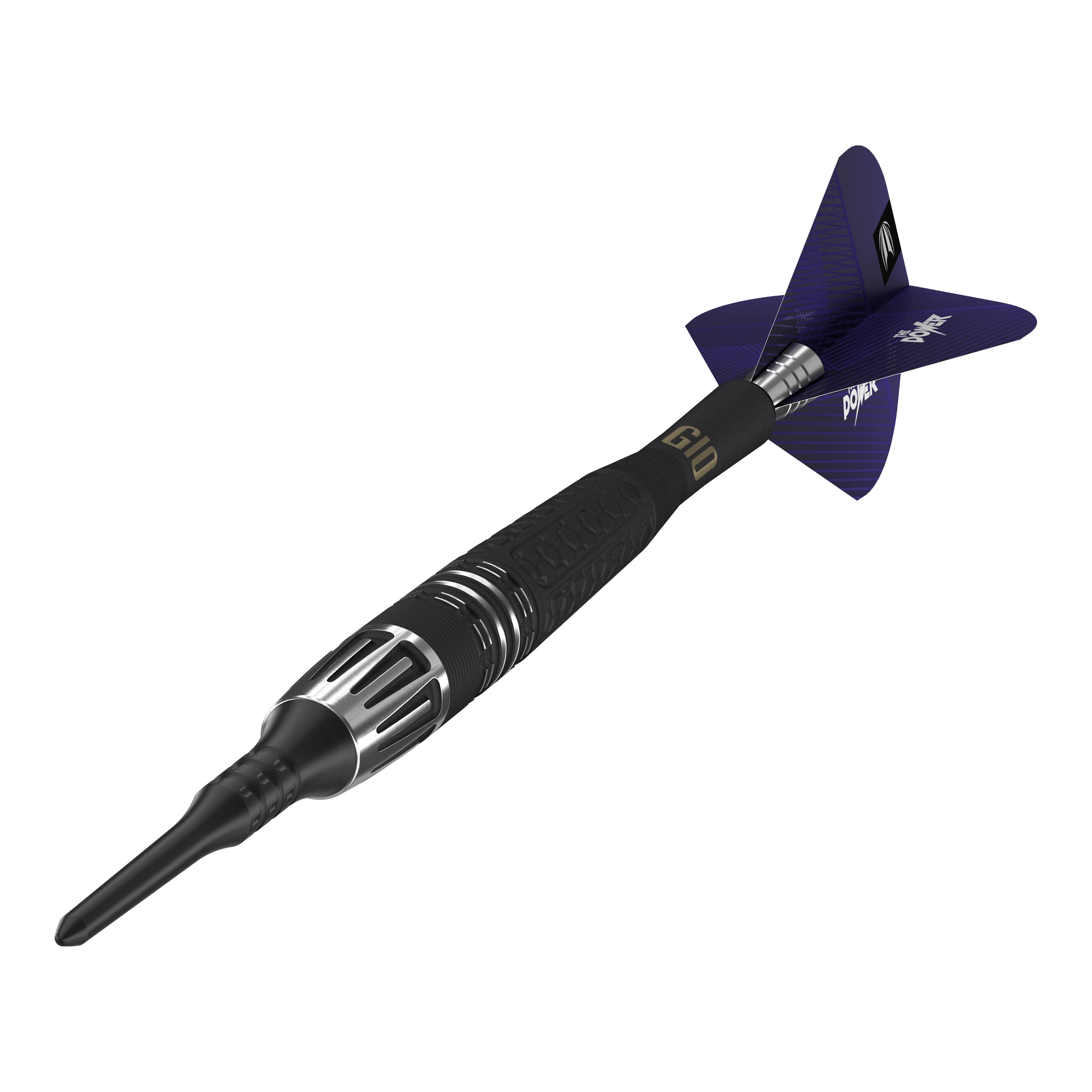 Fléchettes souples Target Phil Taylor Power 9Five GEN10 Auf dem Bild ist ein Target Phil Taylor Power 9Five GEN10 Softdart zu sehen. Der Dartpfeil hat ein modernes Design mit schwarzen und silbernen Details sowie blauen Flights.