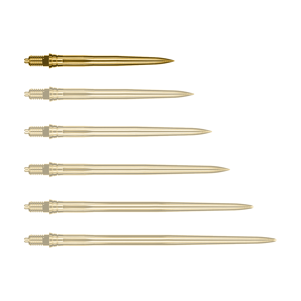 Pointes de fléchettes Caliburn EZ-EVO - Lisses - Or Auf dem Bild ist eine einzelne goldene Dartspitze zu sehen, vermutlich 28mm lang. Es handelt sich um eine Caliburn EZ-EVO Dartspitze der Variante Smooth.