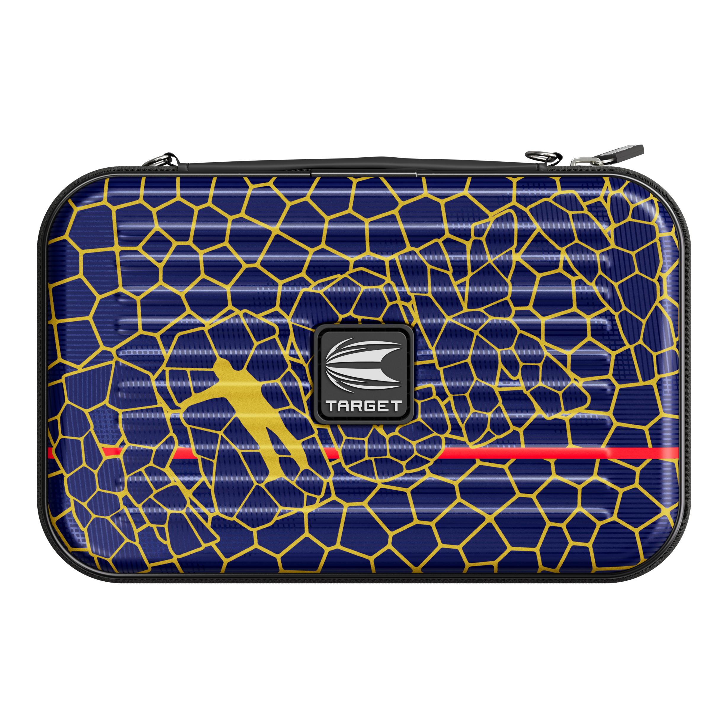 Étui à fléchettes Target Takoma Josh Rock XL Das Bild zeigt ein Dartcase mit dem Namen "Target Takoma Josh Rock XL Dartcase". Das Etui ist dunkelblau mit einem gelben Wabenmuster und hat in der Mitte ein Target-Logo.