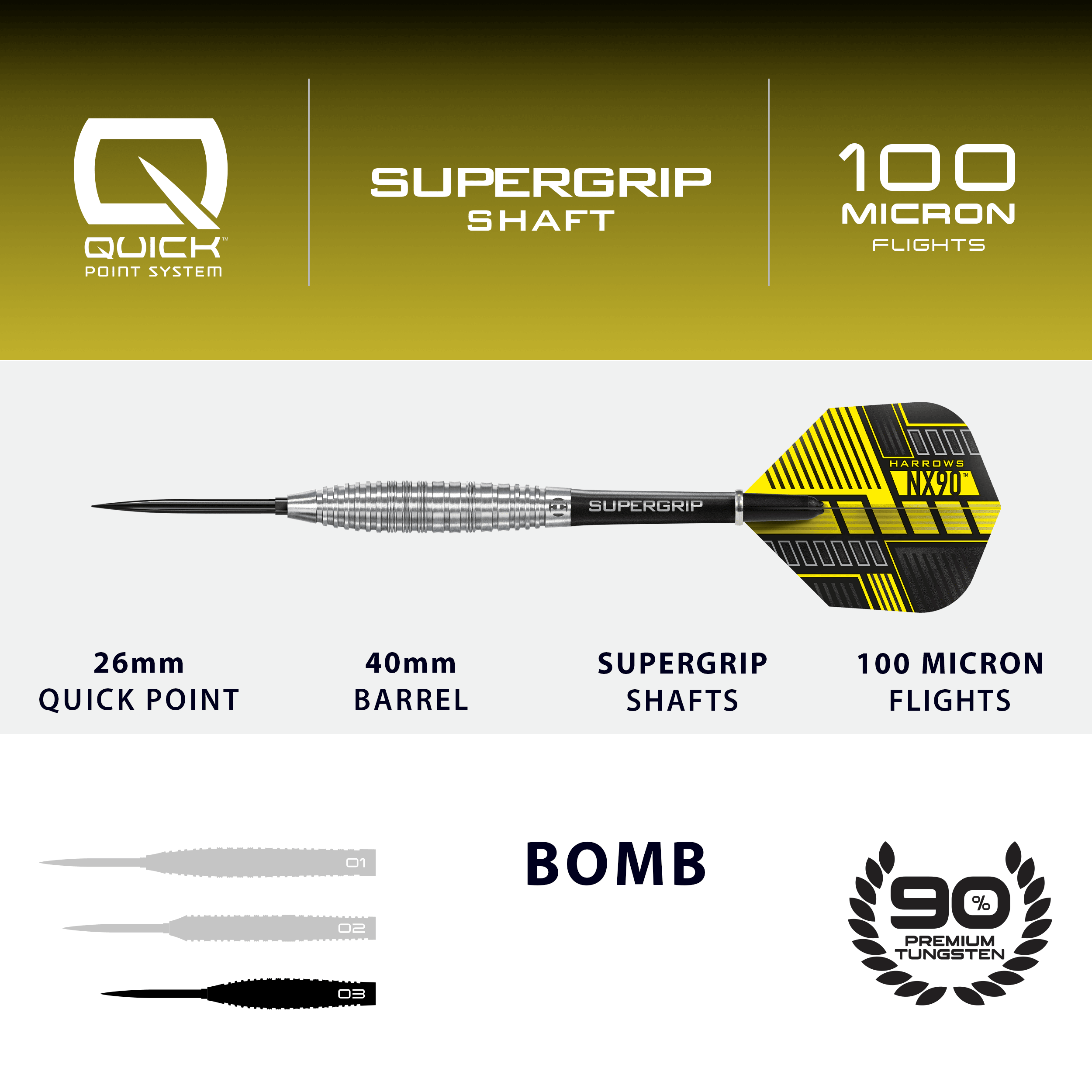 Fléchettes en acier Harrows NX90 Bomb Quick Point Hier ist das Produkt Harrows NX90 Bomb Quick Point Steeldarts abgebildet. Die Darts werden für professionelle Spiele verwendet.