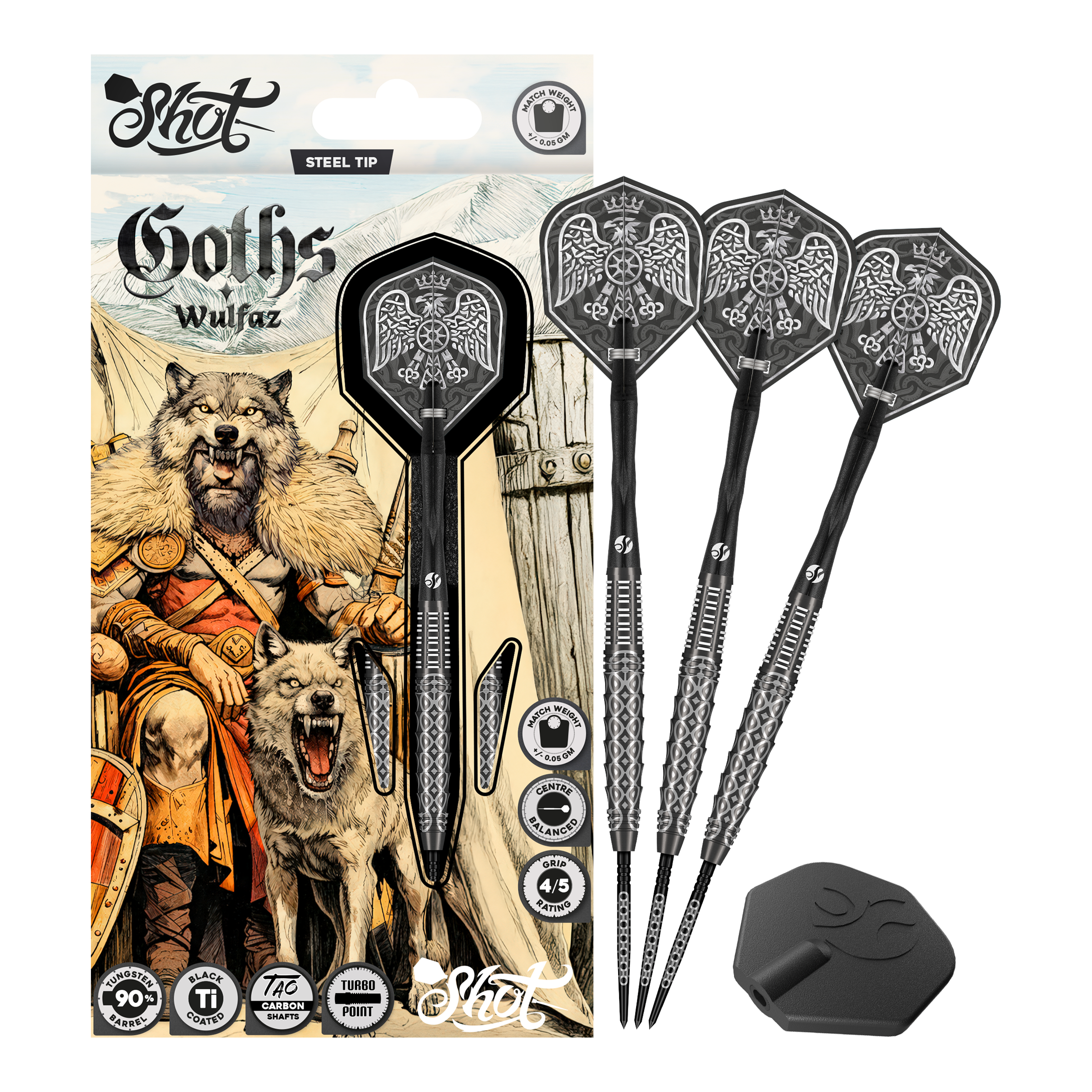 Fléchettes en acier Shot Goths Wulfaz Turbo Point - 23 g Auf diesem Bild sieht man die Shot Goths Wulfaz Turbo Point Steeldarts - 23g in voller Ansicht. Das Design ist auffällig und für Dart-Fans interessant.