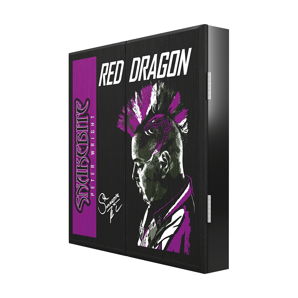 Z0169_Red_Dragon_Peter_Wright_Dartboard_Cabinet_3 Das Bild zeigt das Produkt "Red Dragon Peter Wright Dartboard Kabinet". Auf dem Schrank ist ein Porträt von Peter Wright mit auffälligem lila Design zu sehen.