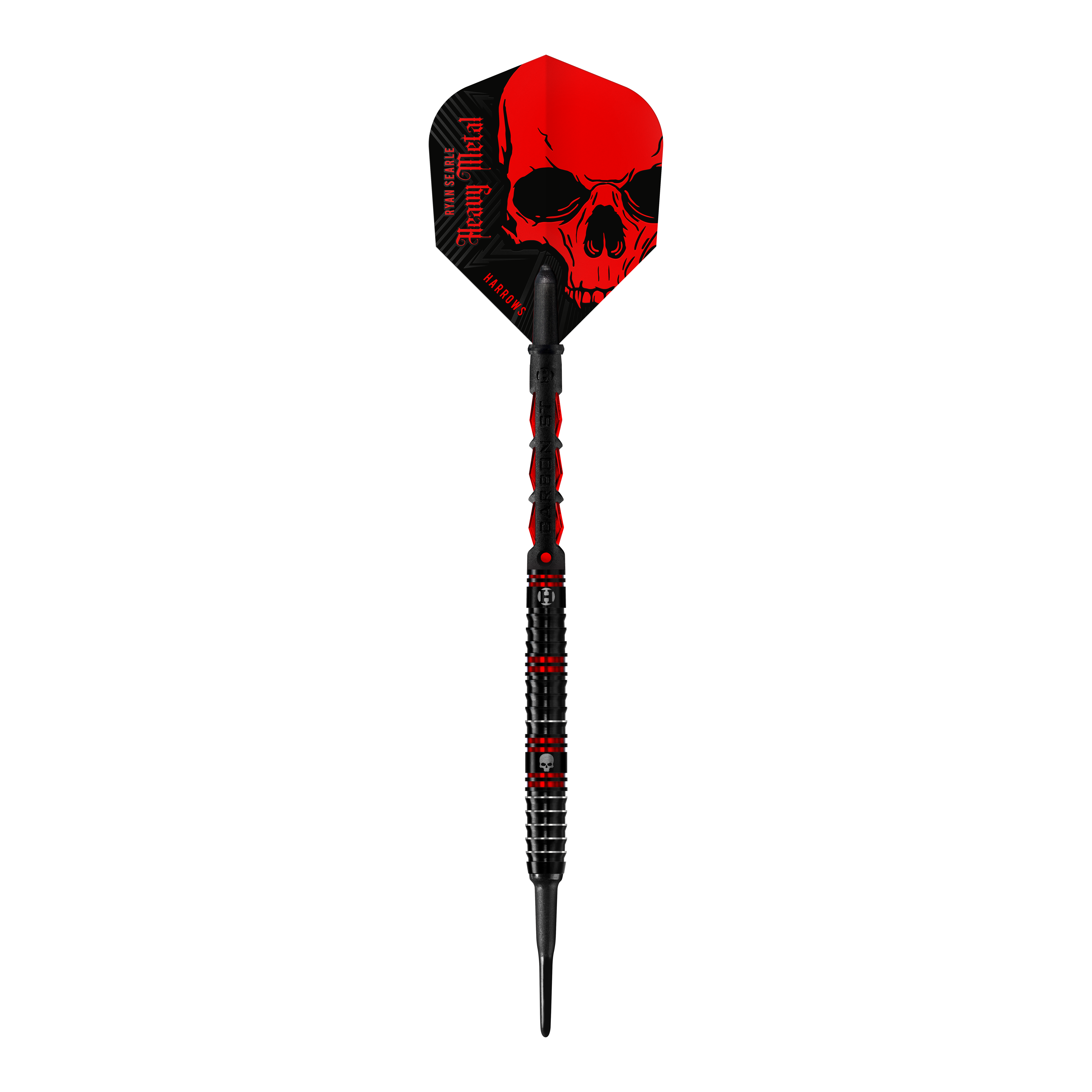 Fléchettes souples en métal lourd Ryan Searle de Harrow Der abgebildete Dartpfeil ist der „Harrows Ryan Searle Heavy Metal Softdart“. Er hat ein auffälliges schwarzes Design mit roten Elementen und einem Totenkopf auf dem Flight.