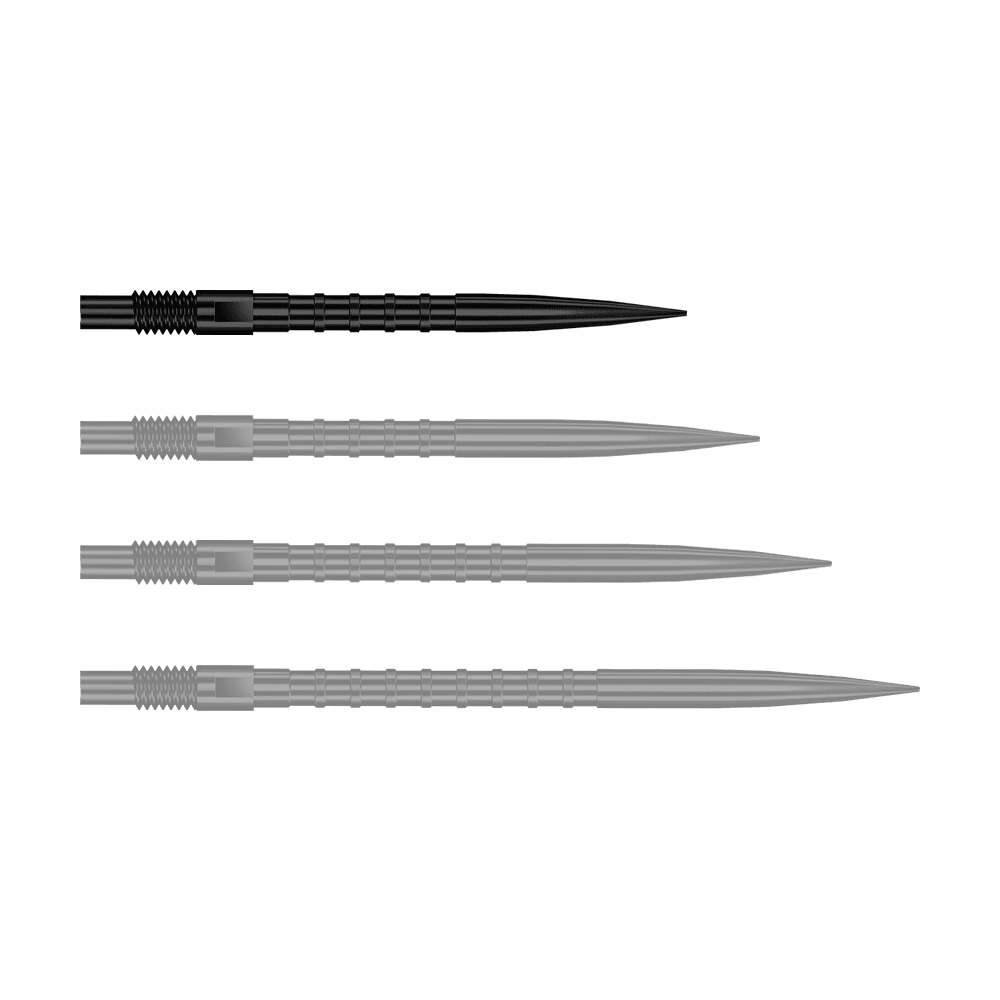 Pointes de fléchettes Harrows Quick Point Heavy Metal - Noires Das Bild stellt QP33164 Harrows Quick Point HeavyMetalGrip Dartspitzen Schwarz 26mm dar. Diese Dartspitzen sind schwarz und besitzen einen starken Metallgriff.