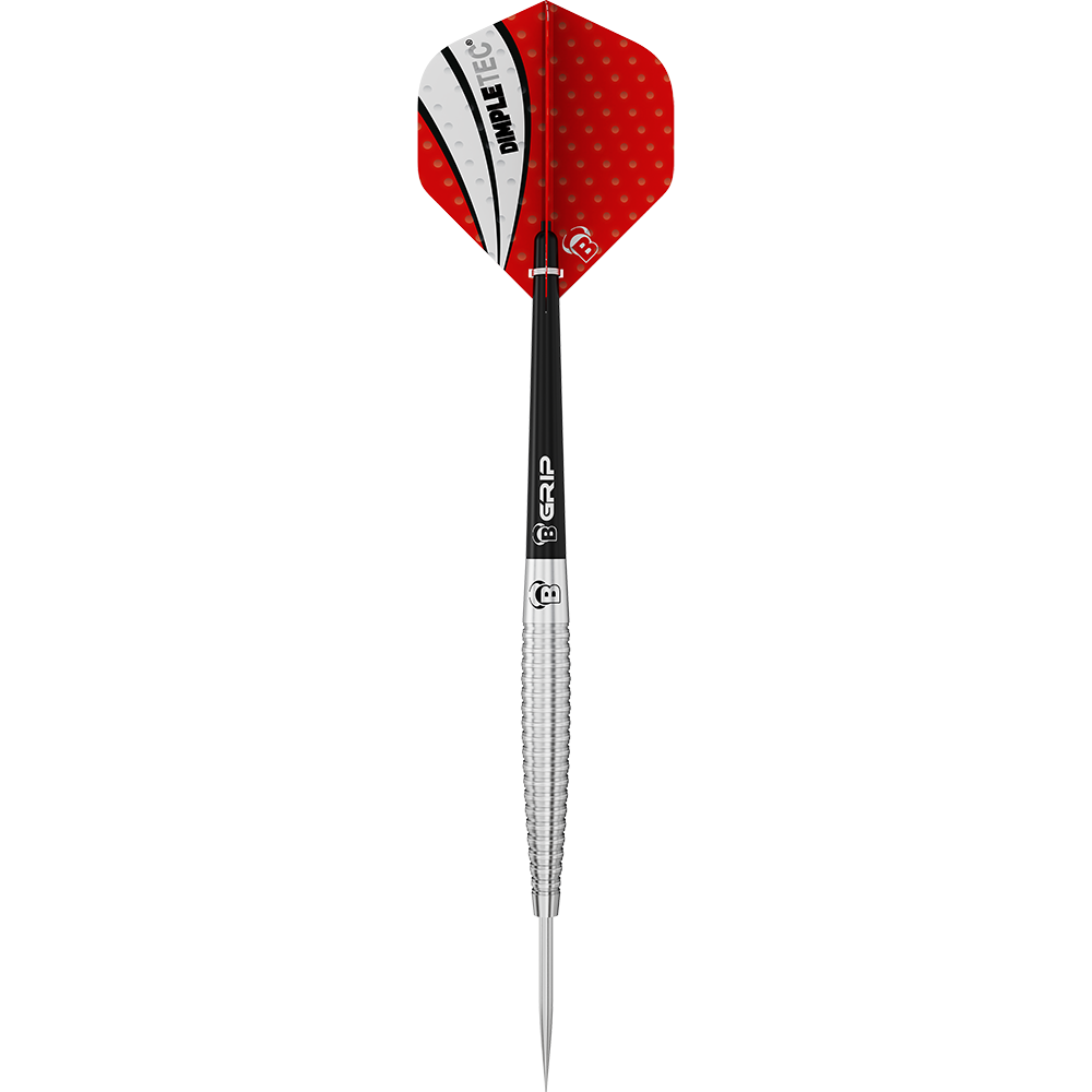 13242_Bulls_Dot_D6_Steeldarts_1XlmhtYmisFeyy Auf dem Bild ist ein Bulls Dot D6 Steeldart abgebildet. Der Dart hat eine silberne Spitze, einen schwarzen Schaft und rote Flights mit weißem und schwarzem Muster.
