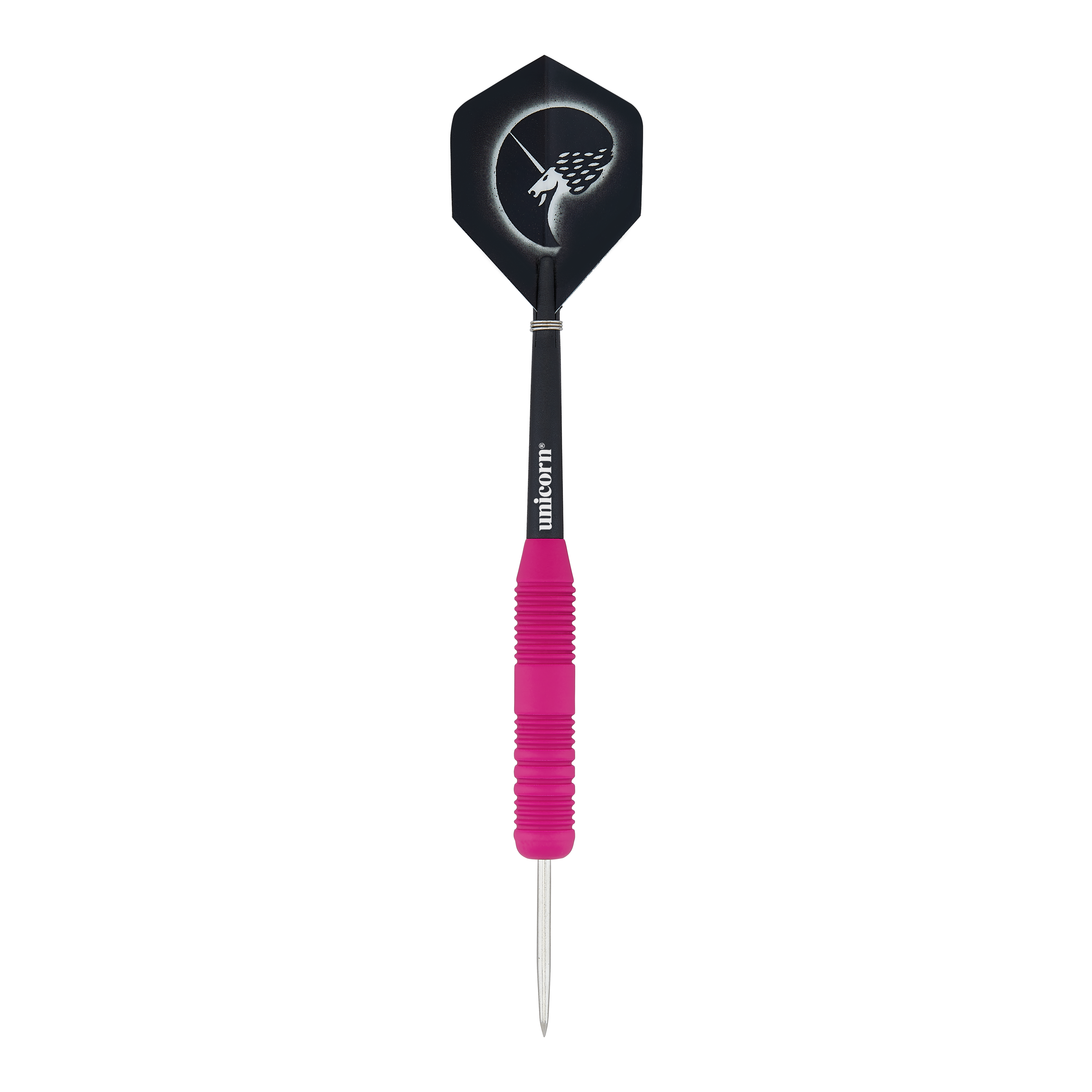 Fléchettes Unicorn Core Plus en acier rose caoutchouté Dies ist ein Steeldart mit einer pinken, gummierten Griffzone. Das Flight zeigt ein Einhorn-Design auf schwarzem Hintergrund.