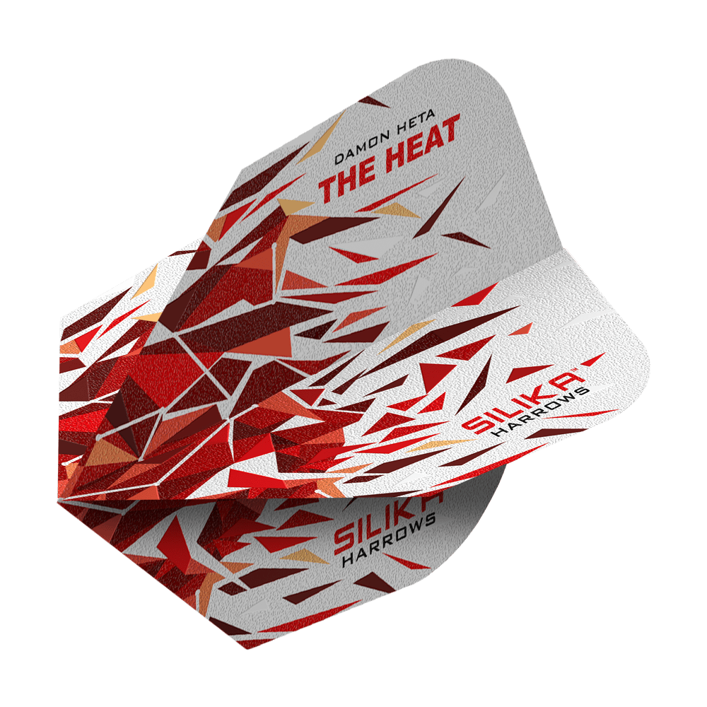 Dies ist ein Harrows Silika Damon Heta 2 Solid Tough Crystalline Coating No6 Flight. Das Flight-Design zeigt ein auffälliges Muster in Rot-, Weiß- und Goldtönen mit den Aufschriften "THE HEAT" und "SILIKA".