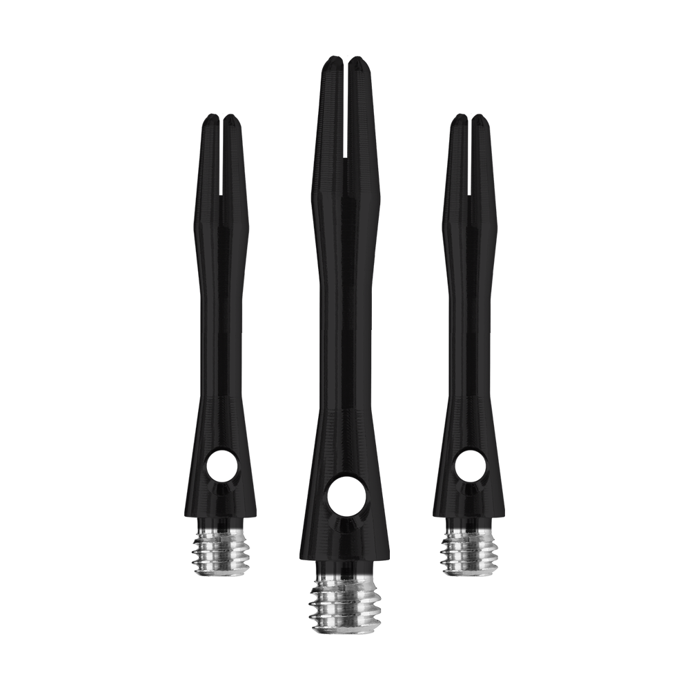 Das Bild zeigt drei Harrows Keramic Shafts in Matt Schwarz. Die Shafts haben eine glatte Oberfläche und ein silbernes Schraubgewinde.