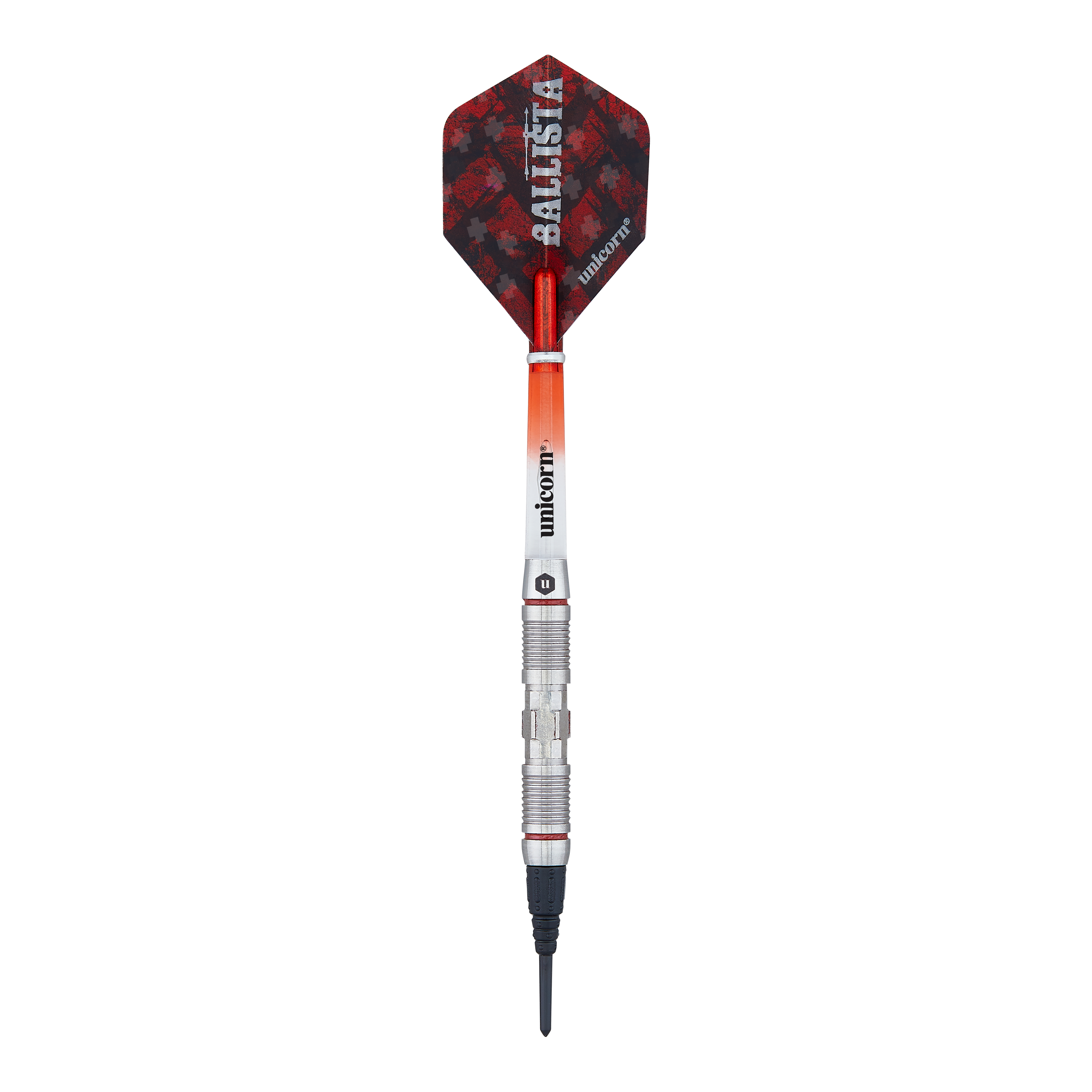 Fléchettes souples Unicorn Ballista Style 2 Das Bild zeigt einen Softdart aus der Produktreihe "Unicorn Ballista Style 2". Der Dart hat eine rot-schwarze Flight und einen silbernen, strukturierten Schaft.