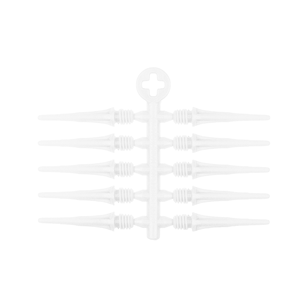 Cosmo Fit Point Plus 2BA Spitzen 19mm (50er Pack) Auf dem Bild sind acht weiße Ersatzspitzen für Dartpfeile zu sehen, die an einem Halter befestigt sind. Oben am Halter befindet sich ein rundes Element mit einem Kreuz in der Mitte.