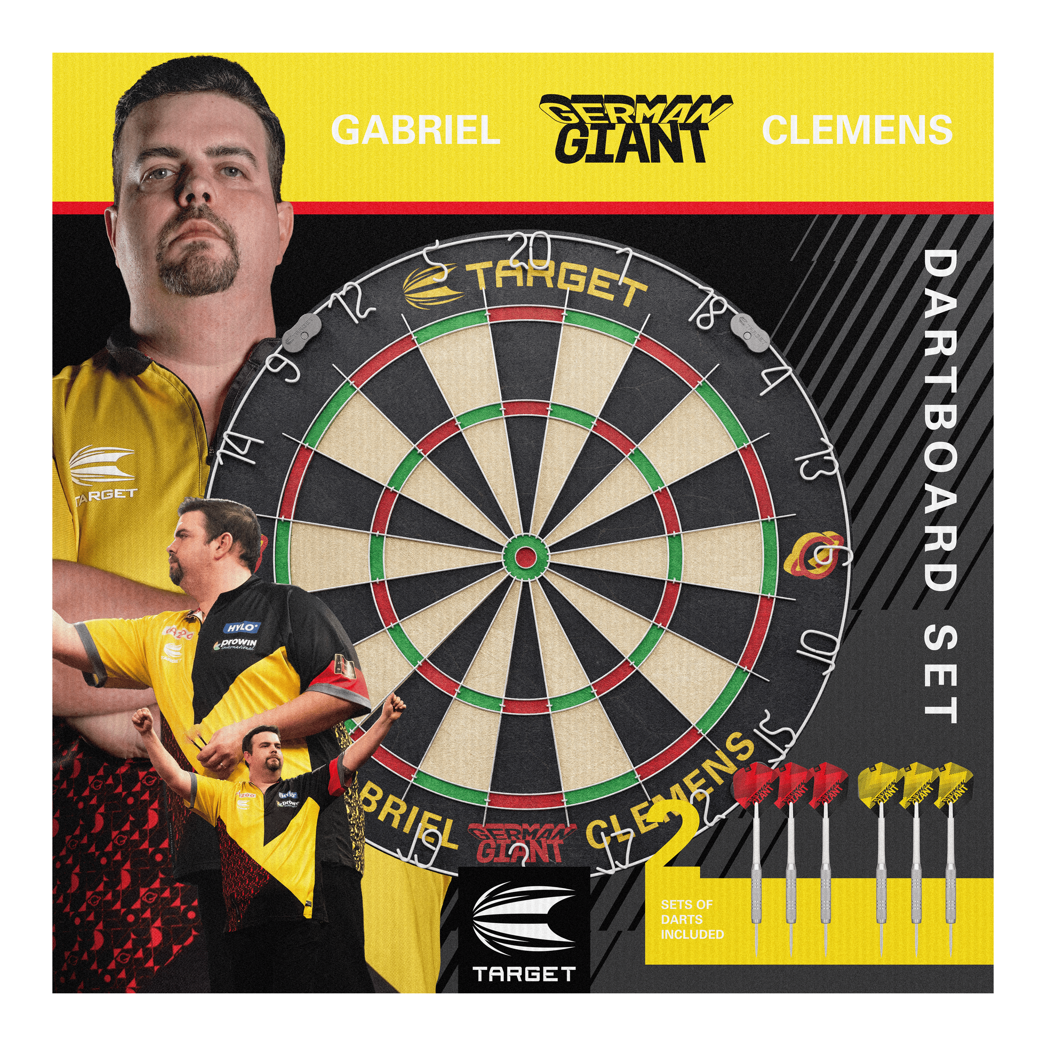 Jeu de fléchettes en acier Target Gabriel Clemens Das Bild zeigt das "Target Gabriel Clemens Steeldartboard Set" mit einem großen Dartboard in der Mitte. Rechts unten sind zwei Sets von Darts abgebildet, und im Hintergrund sieht man Bilder von Gabriel Clemens.