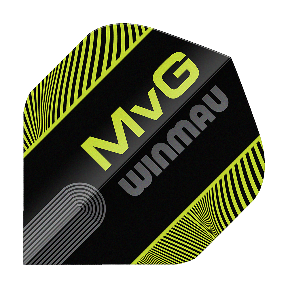 Vols standard Winmau Prism Delta MvG Noir Vert Texte N°2 Das Set Winmau Prism Delta MvG Black Green Text No2 Standard Flights wird gezeigt. Die Flights bestechen durch ihr spezielles Design.