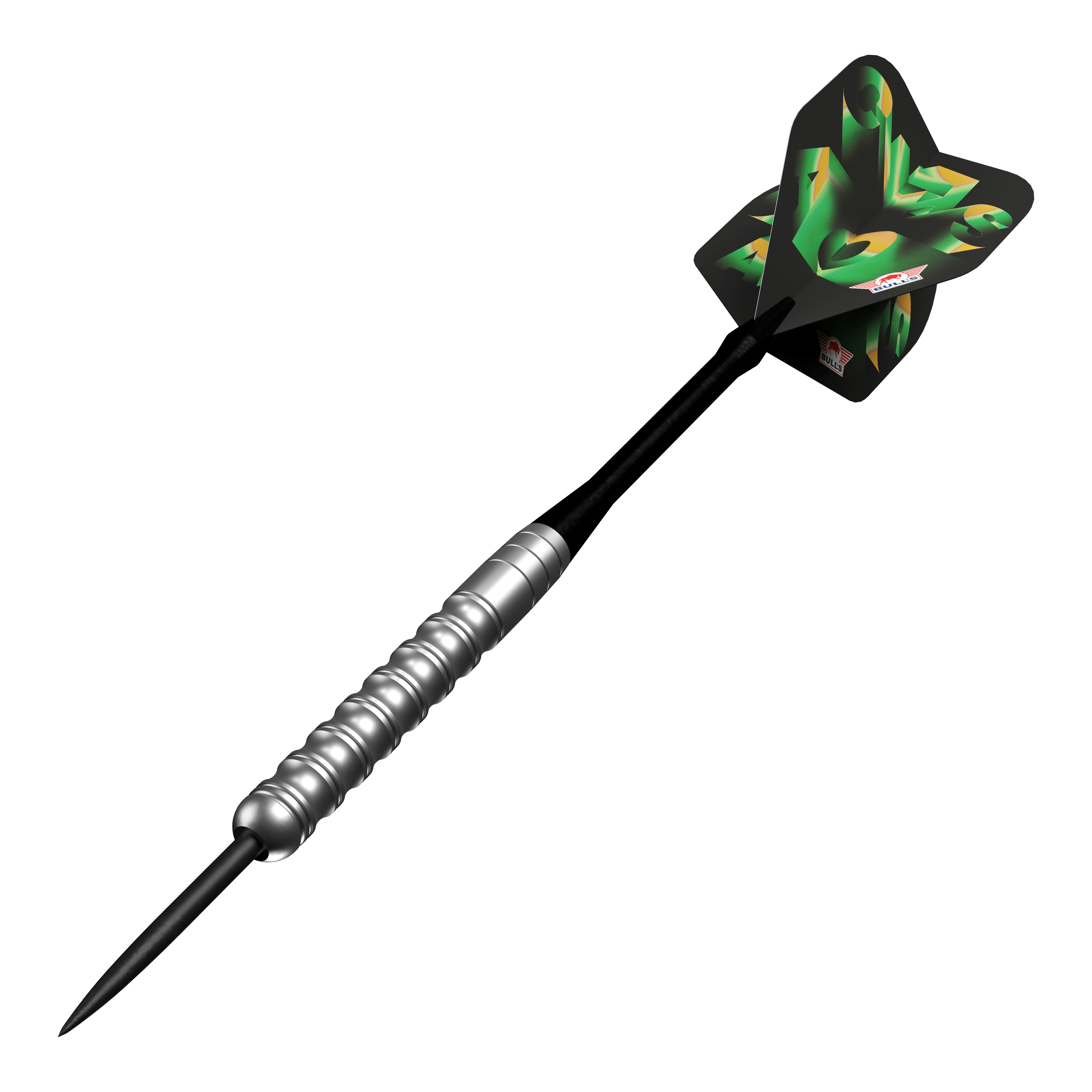 Fléchettes Bulls NL Chaos Green Steel - 24 g Das Bild zeigt die Bulls NL Chaos Green Steeldarts - 24g. Die grünen Steeldarts sind nebeneinander angeordnet.