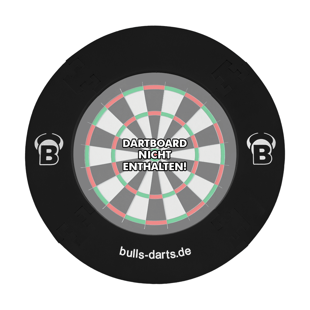 DBS3S_Bulls_Quarterback_Surround_Schwarz_1NzpuIXkSS2sr6 Das Bild zeigt das Produkt "Quarterback Surround", einen schwarzen Dartboard-Surround-Ring. In der Mitte steht der Hinweis: "Dartboard nicht enthalten!"