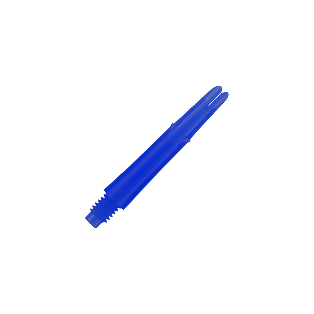 Arbres en L verrouillés droits - Bleus Das Bild zeigt einen blauen geraden Dart-Schaft mit Gewinde am unteren Ende. Der Schaft ist 32 mm lang und hat keine Kappen.