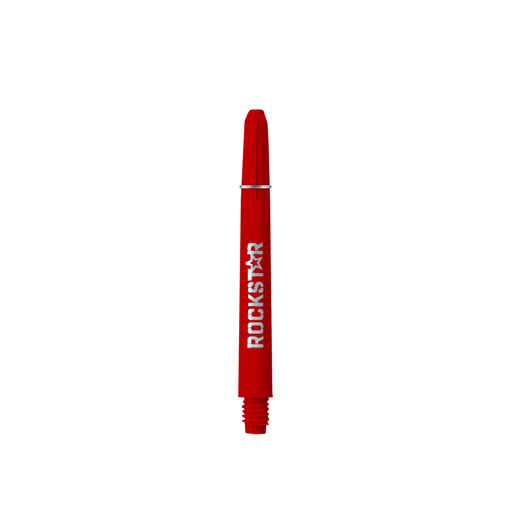 Das Bild zeigt einen roten Schaft mit der Aufschrift "ROCKSTAR". Es handelt sich um das Produkt "Rockstar Shafts - 49mm".