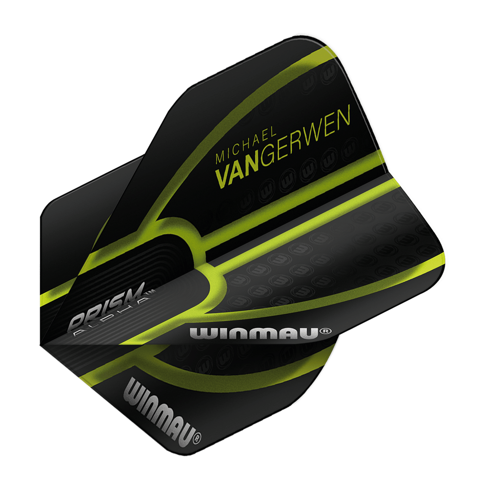 6915-143_Winmau_Prism_Alpha_MvG_Black_Green_V1_Standard_Flights_2 Das Bild zeigt einen schwarzen Dartflight mit grünen Akzenten der Marke Winmau. Auf dem Flight steht "Michael van Gerwen" sowie "Prism Alpha" und "Winmau".