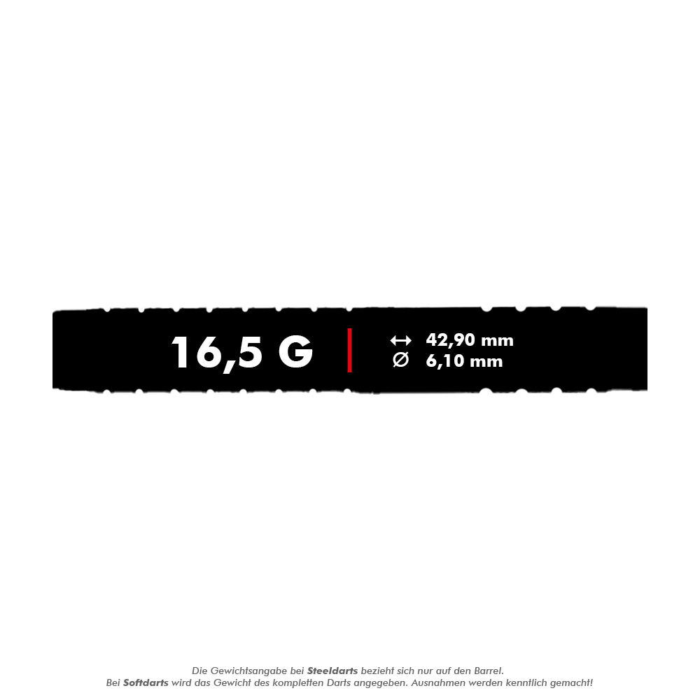 Fléchettes souples McDart 85 tungstène V15 - 16,5 g Das Bild zeigt die technischen Daten des Produkts "McDart 85er Tungsten V15 Softdarts - 16,5g". Der Dart wiegt 16,5 Gramm, ist 42,90 mm lang und hat einen Durchmesser von 6,10 mm.
