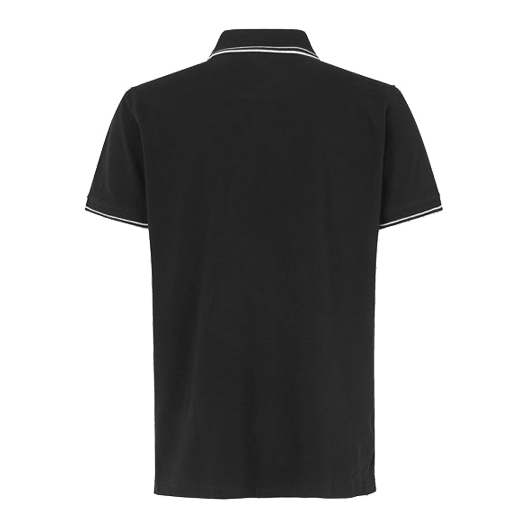 Polo Barrels and Shafts - Noir Das Bild zeigt ein schwarzes Poloshirt mit kurzen Ärmeln. Am Kragen und an den Ärmeln sind weiße Zierstreifen sichtbar.