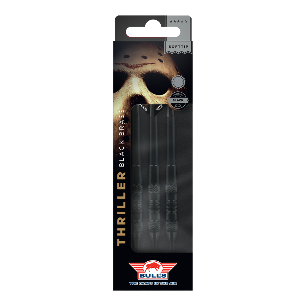 Fléchettes en laiton noir Bulls NL Thriller - 18 g Hier sind Bulls NL Thriller Black Brass Softdarts mit einem Gewicht von 18 Gramm abgebildet. Die Darts sind für das Softdartspiel konzipiert.